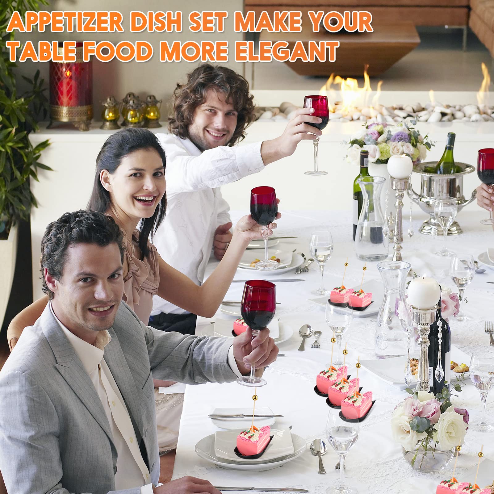 400 Pcs 4 Inch Black Tear Drop Mini Appetizer Plates & 200 Plastic Tasting Spoons with 200 Pearl Toothpicks - Elegant Catering Supplies for Wedding, Party, Cocktail Events - Perfect for Hors d'oeuvres, Desserts, and Finger Food Serving