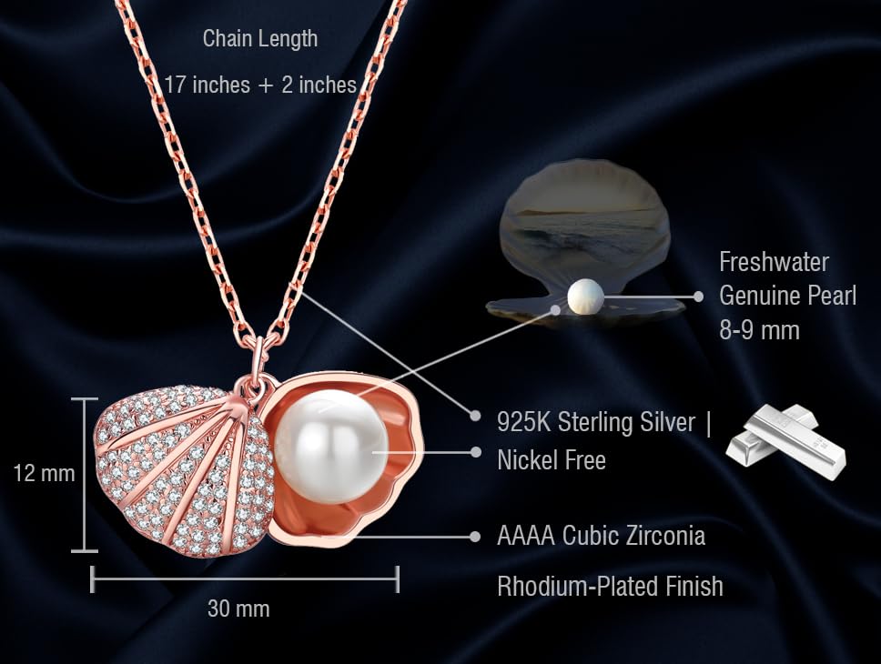 Freshwater Cultured Pearl Seashell Necklace for Women & Girls - Genuine Pearl with Sterling Silver Chain - Elegant Jewelry for Weddings, Parties & Everyday Wear