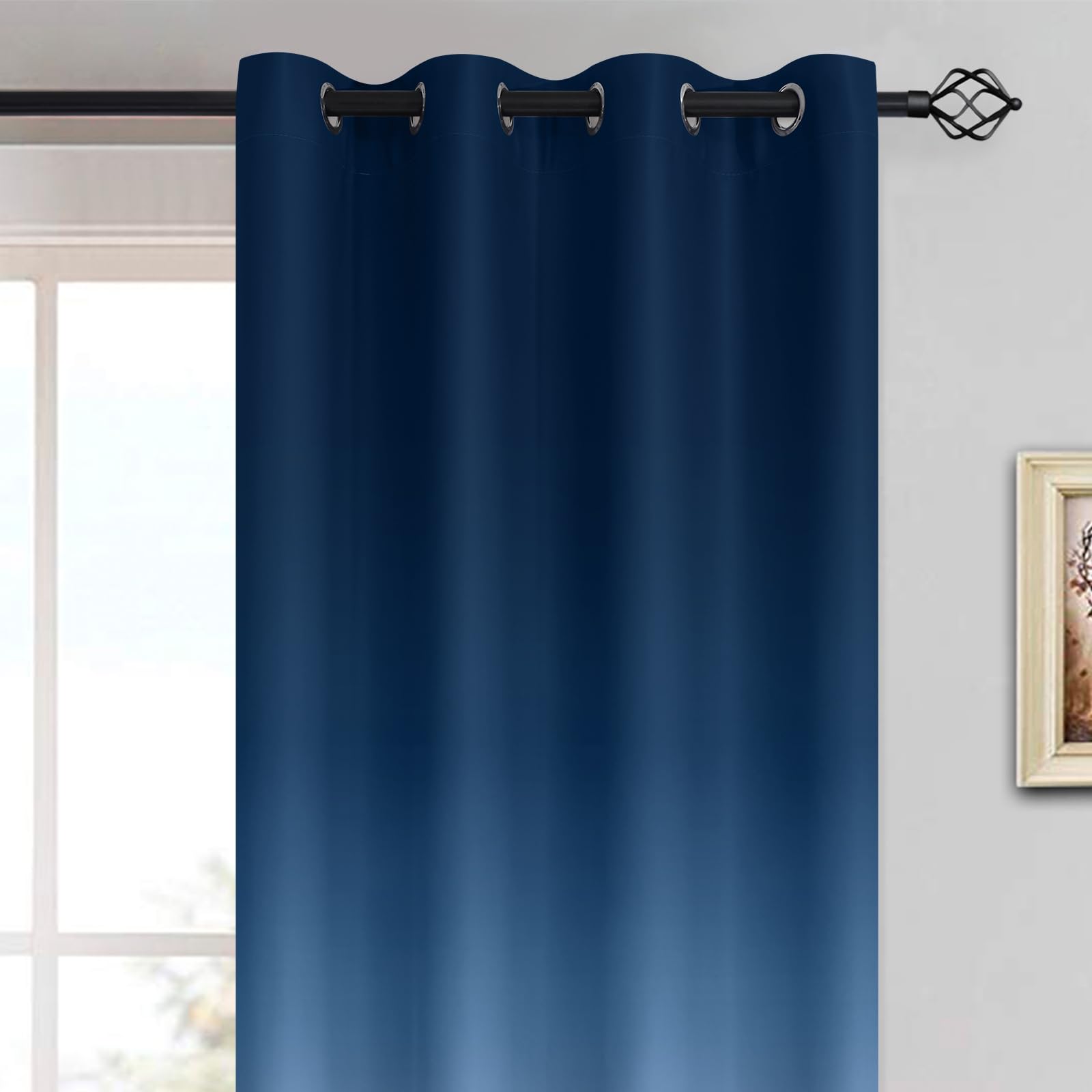 Yakamok Ombre Blackout Curtains - Light Blocking Grommet Window Drapes for Bedroom, Gradient Room Darkening Curtain Panels (Blue & Greyish White, 52x96 Inches, 2 Panels) - Perfect for Nursery, Living Room & Home Theater