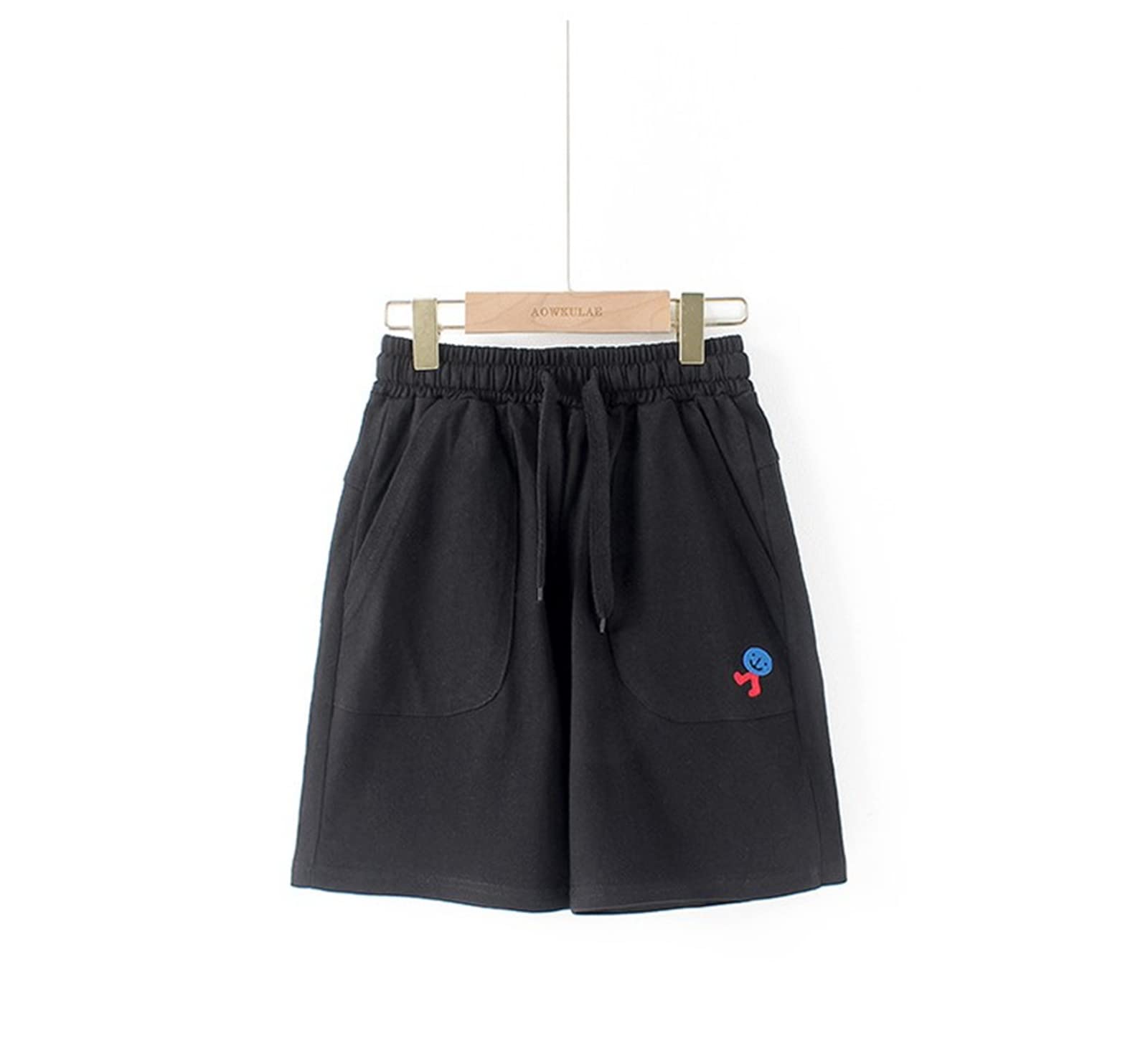 **Boys' Cotton Athletic Shorts with Drawstring - Soft Jersey Sport Shorts for Kids (140-150cm) - Unisex Black Embroidered Design - Perfect for Running, Gym & Casual Wear**