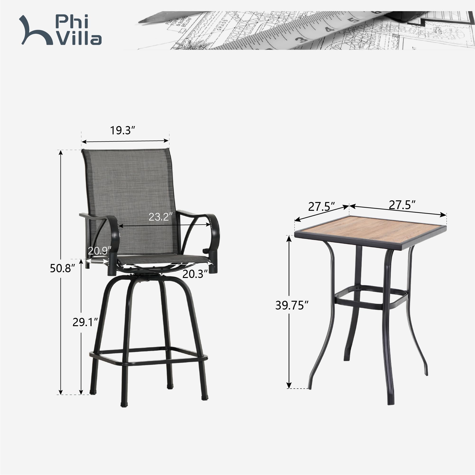 PHI VILLA 3-Piece Outdoor Patio Swivel Bar Set with 2 Textilene Bar Stools & Square Table - Garden, Lawn, Yard Bistro Furniture for Backyard, Poolside & Balcony Relaxation