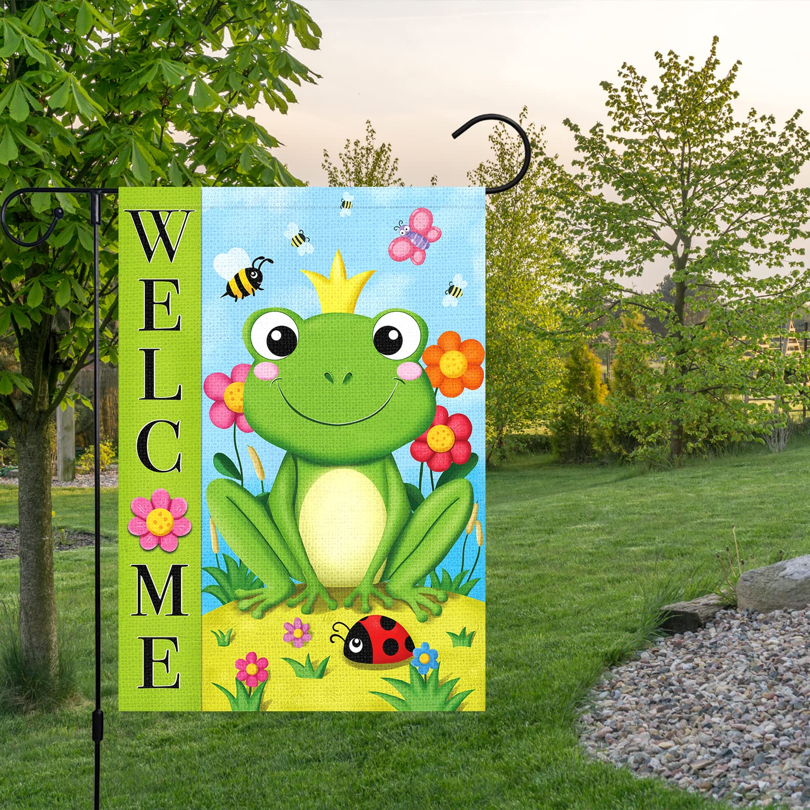 Double Sided 12x18 Inch Burlap Frog Garden Flag - Hello Summer Vertical Outdoor Yard Decoration | Seasonal Spring & Summer Welcome Banner for House, Patio, Lawn | Perfect for Front Porch, Garden Decor, Backyard Parties