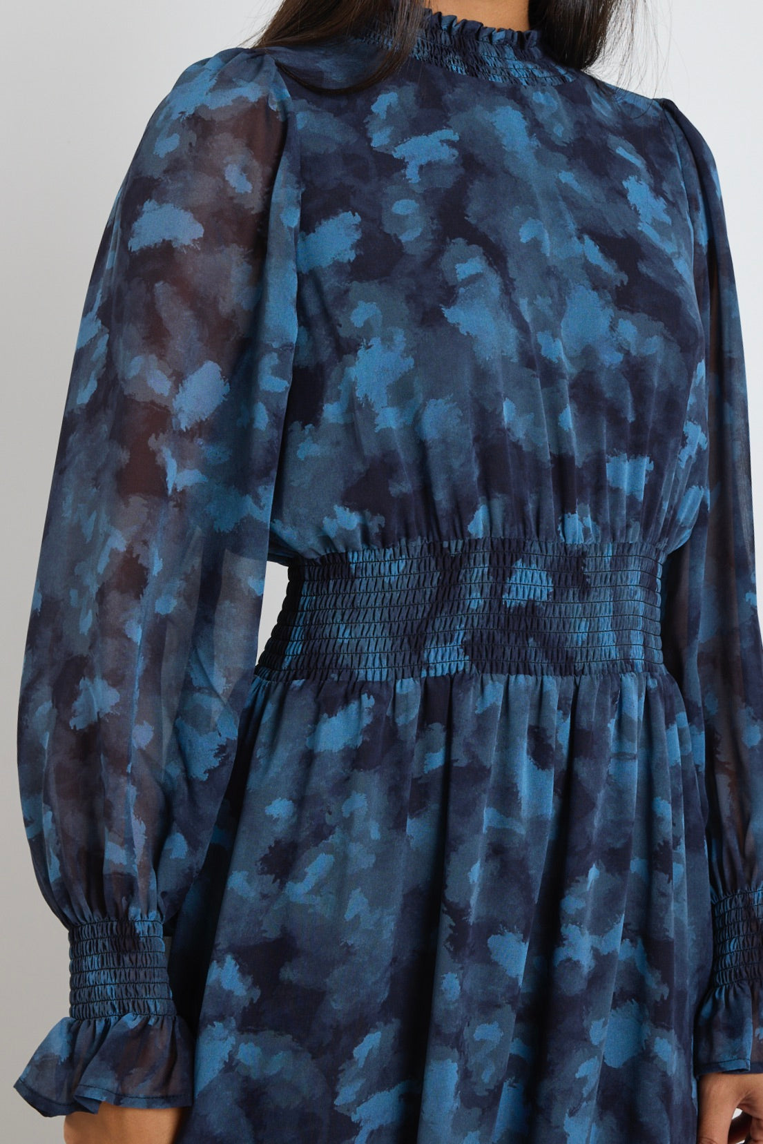 Ebony Blue Smudge Long Sleeve Shirred Neck Midi Dress - Perfect for Casual Outings, Date Nights & Special Occasions