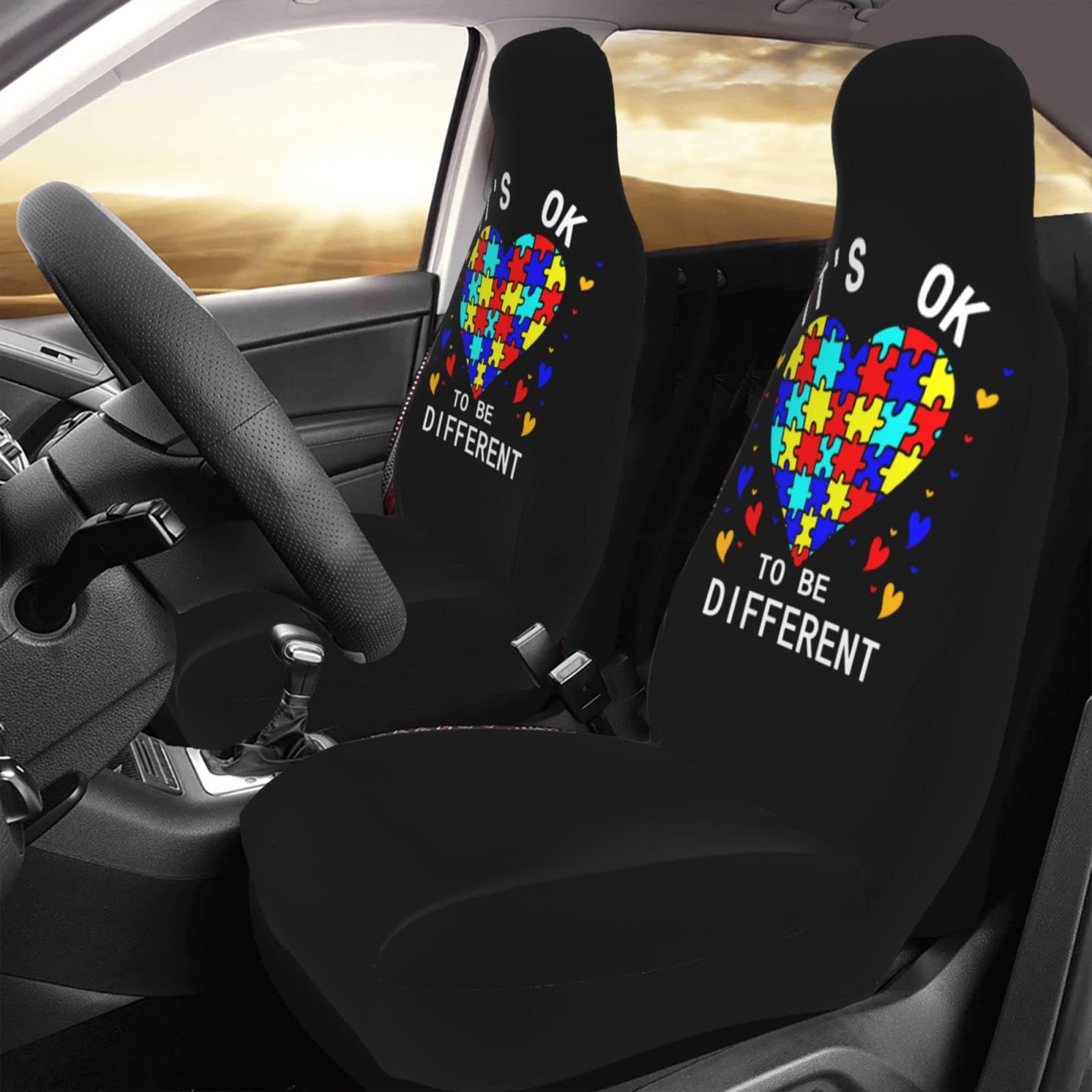 DARLEKS Autism Awareness Car Seat Cover - 'It's Ok to Be Different' Pattern, Universal Fit for Cars, Trucks, Vans & SUVs (2-Piece Set) | Interior Protection & Style Accessory for Daily Commutes, Road Trips & Family Travel