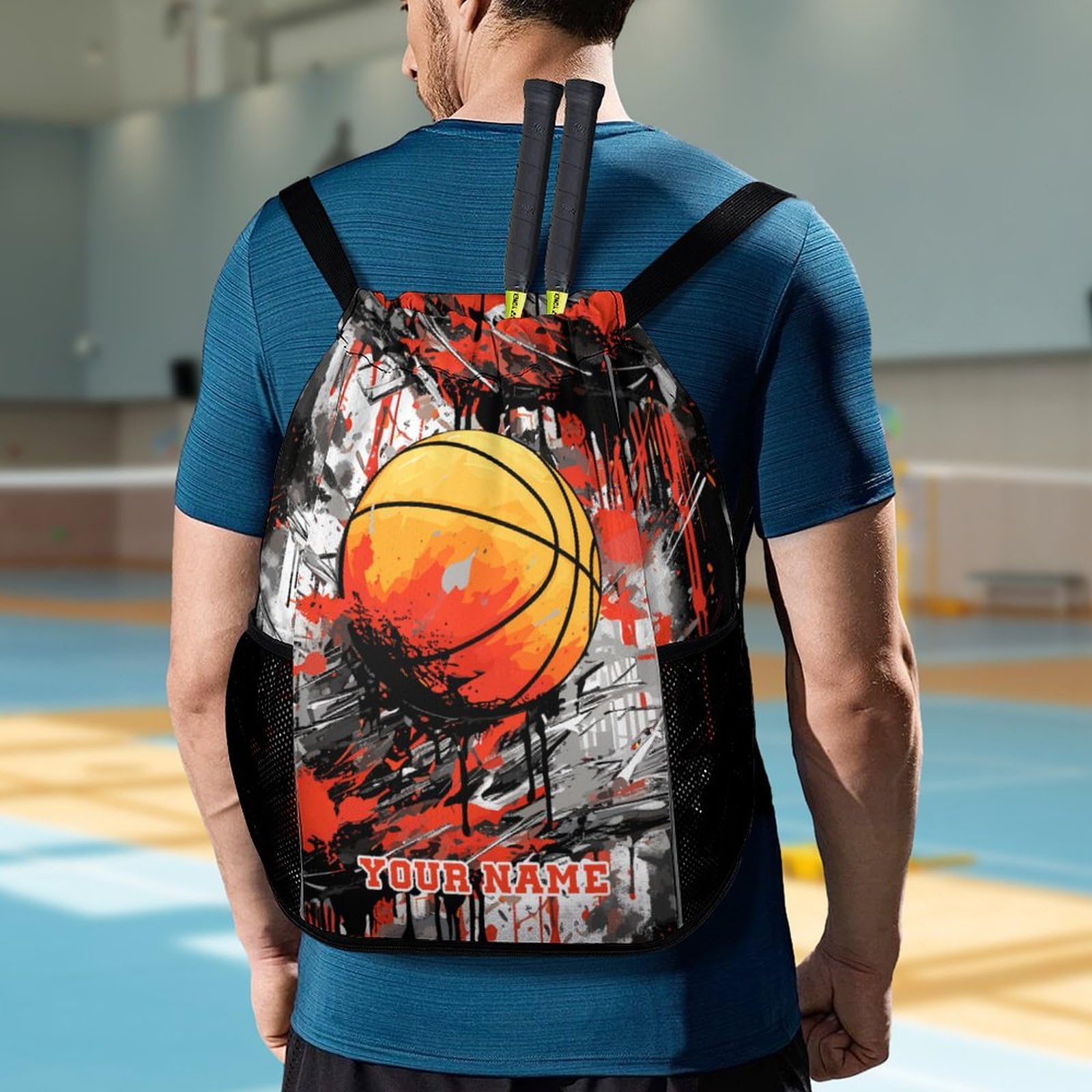 Custom Basketball Drawstring Backpack - Lightweight & Foldable Cinch Sack with Pockets for Kids, Women & Men - Perfect for Gym, Sports, Travel & Outdoor Activities | Durable String Backpack for School, Hiking & Daily Use