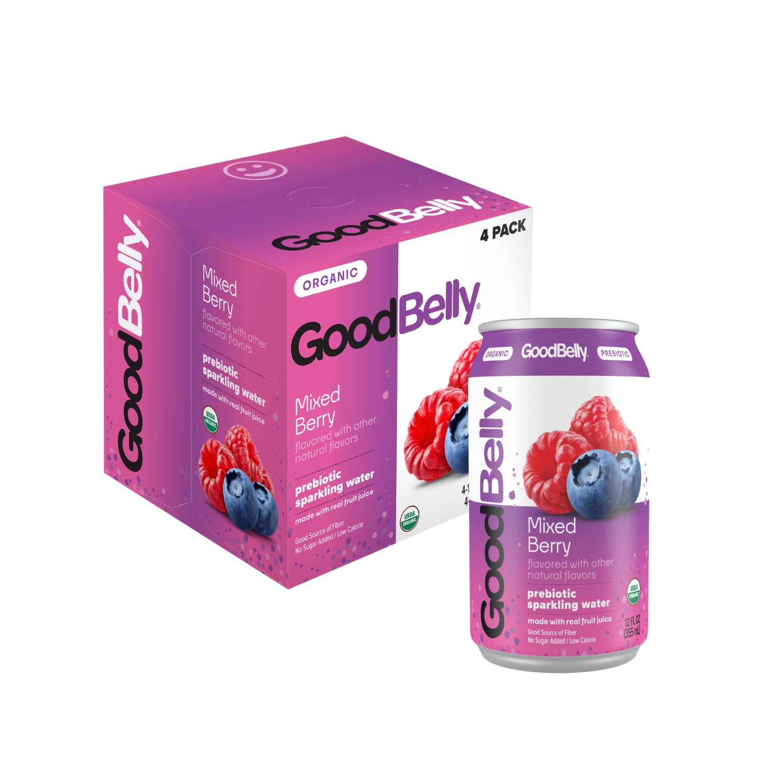 GoodBelly Organic Prebiotic Sparkling Water - Mixed Berry Flavor | Zero Sugar, Low Calorie, Gut Health Support | 4-Pack | Perfect for Hydration & Digestive Wellness at Home or Office