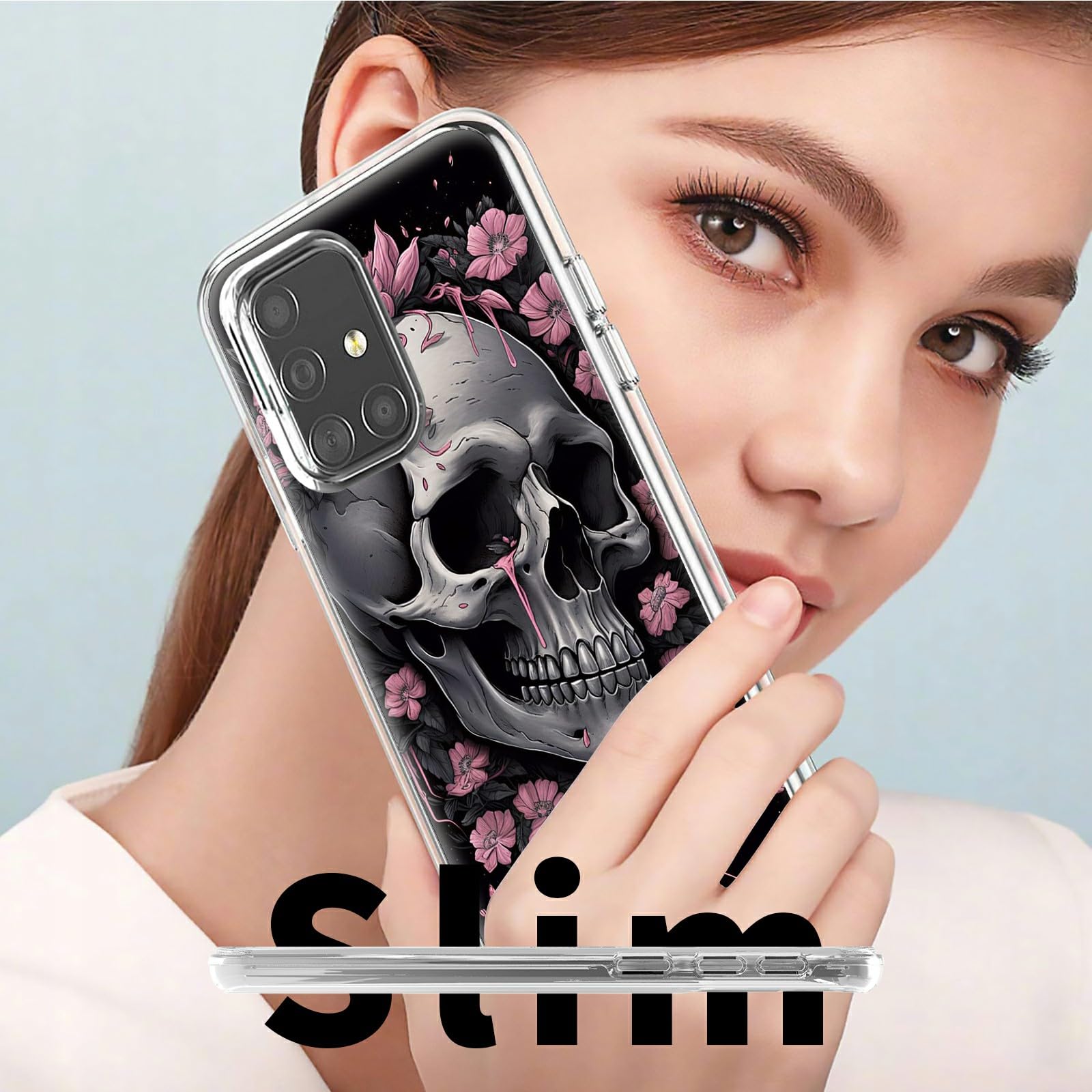 Shockproof Hybrid Case for Samsung Galaxy A51 4G/5G (6.5 Inch) - Clear Hard PC Cover with Soft Silicone Protection, Skull Flowers Design | Perfect for Outdoor Activities, Work & Daily Use