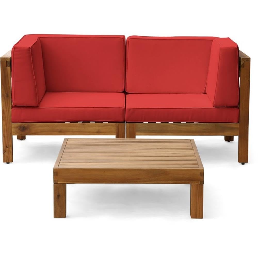 Brava Outdoor Modular Loveseat Set with Coffee Table - Teak/Red Cushions for Patio & Garden