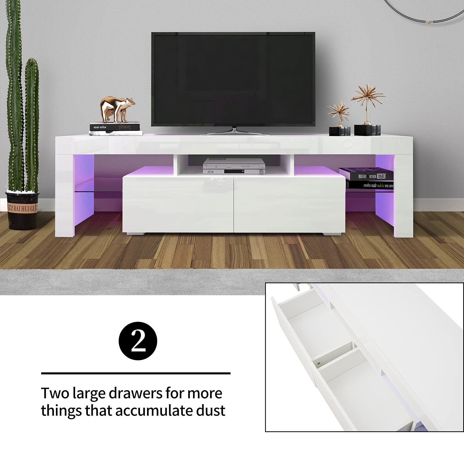 Modern White LED TV Stand for 70 Inch TVs - High Gloss Entertainment Center with 2 Storage Drawers - Large TV Cabinet for Living Room, Bedroom & Home Theater Setup