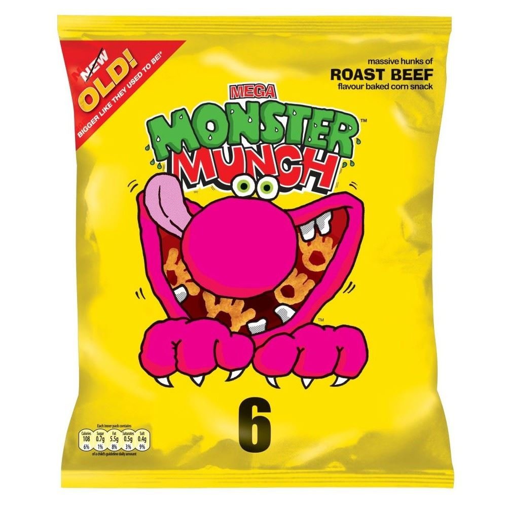 Monster Munch Roast Beef Flavor Crispy Snacks - 6 Pack (22g Each) | Crunchy Corn Puffs for Kids Lunch, Party Favors & On-the-Go Snacking