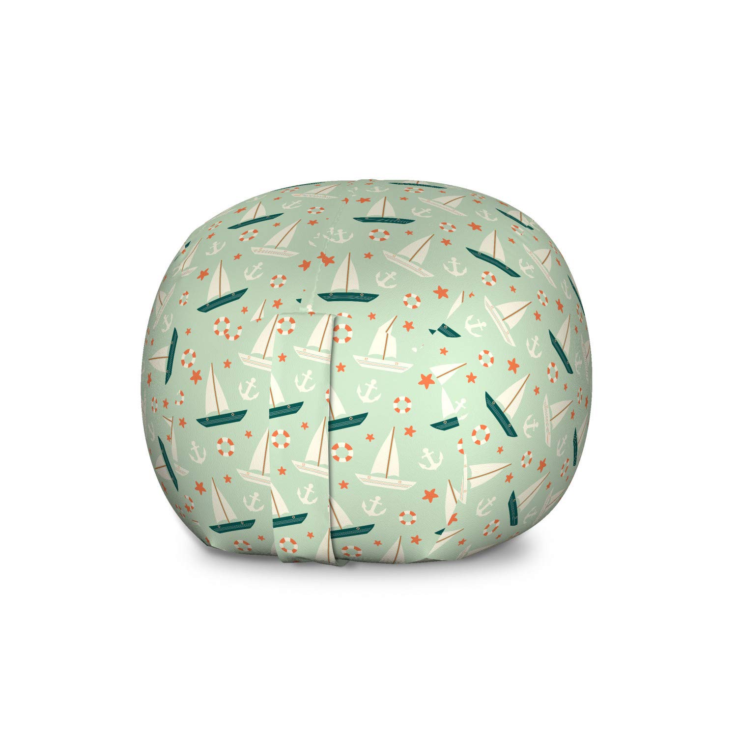 Ambesonne Nautical Toy Storage Bag Chair - Marine Themed Sailboat & Star Pattern, Large Washable Stuffed Animal Organizer in Mint Green & Salmon | Perfect for Kids' Room, Nursery, Playroom & Toy Organization