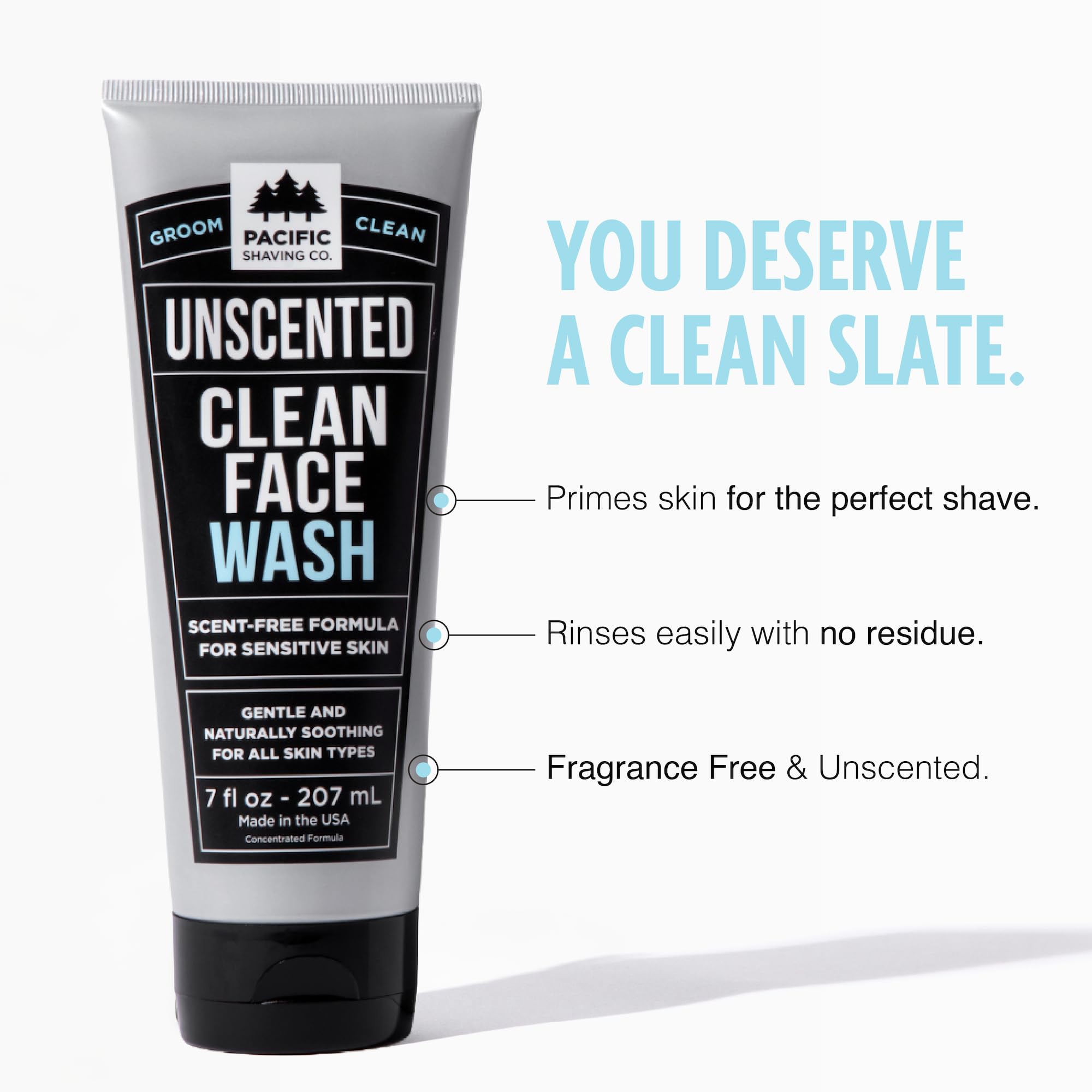 Pacific Shaving Company Unscented Gentle Face Cleanser for Men - Hydrating Facial Wash with Sea Salt & Aloe Vera for Sensitive Skin (7 Oz) | Daily Skincare Routine & Travel-Friendly