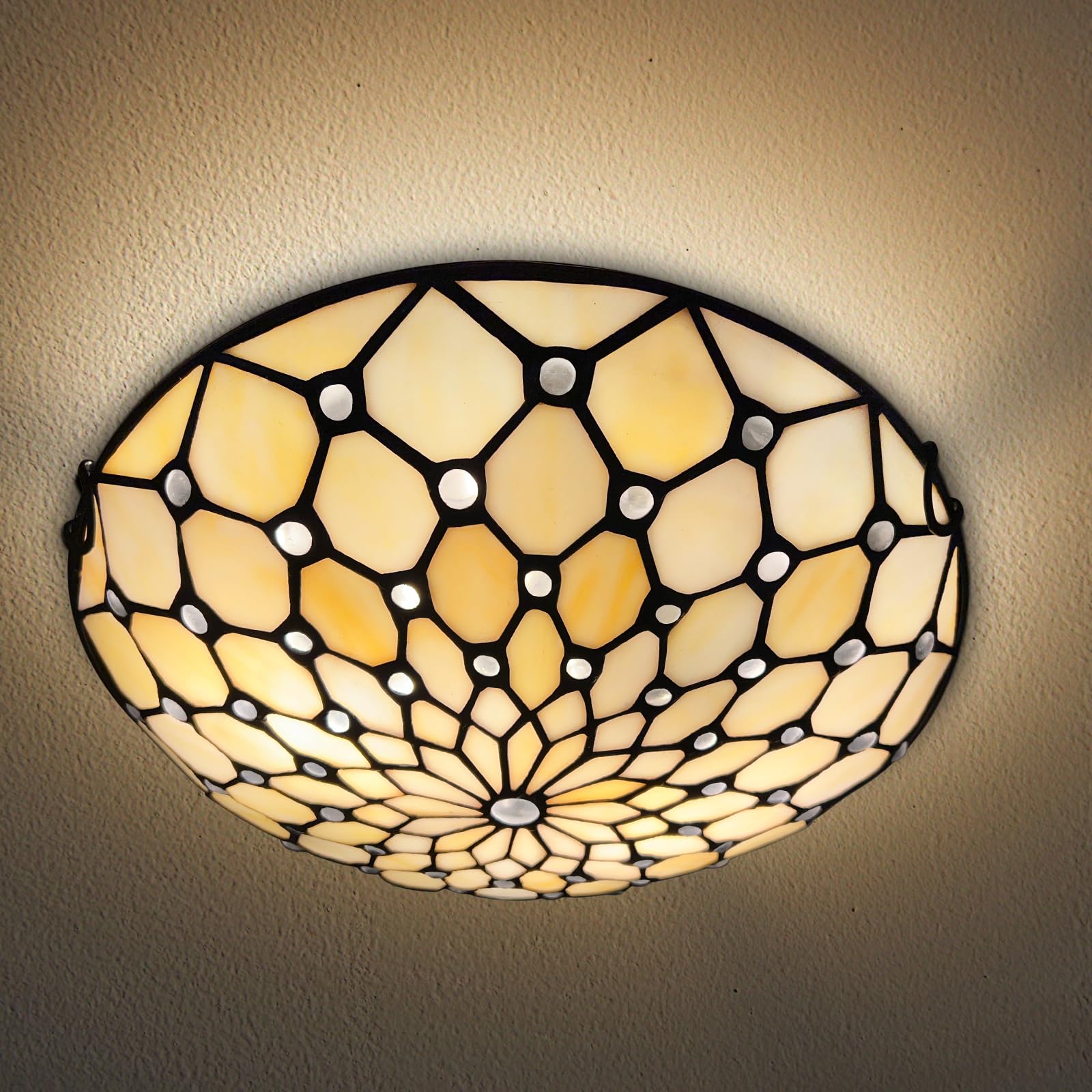 ARTZONE Tiffany Style Stained Glass Ceiling Light Fixture - 12 Inch 2-Light Flush Mount for Bedroom, Dining Room, Living Room, Entryway & Foyer - Vintage Inspired Home Decor Lighting for Cozy Ambiance