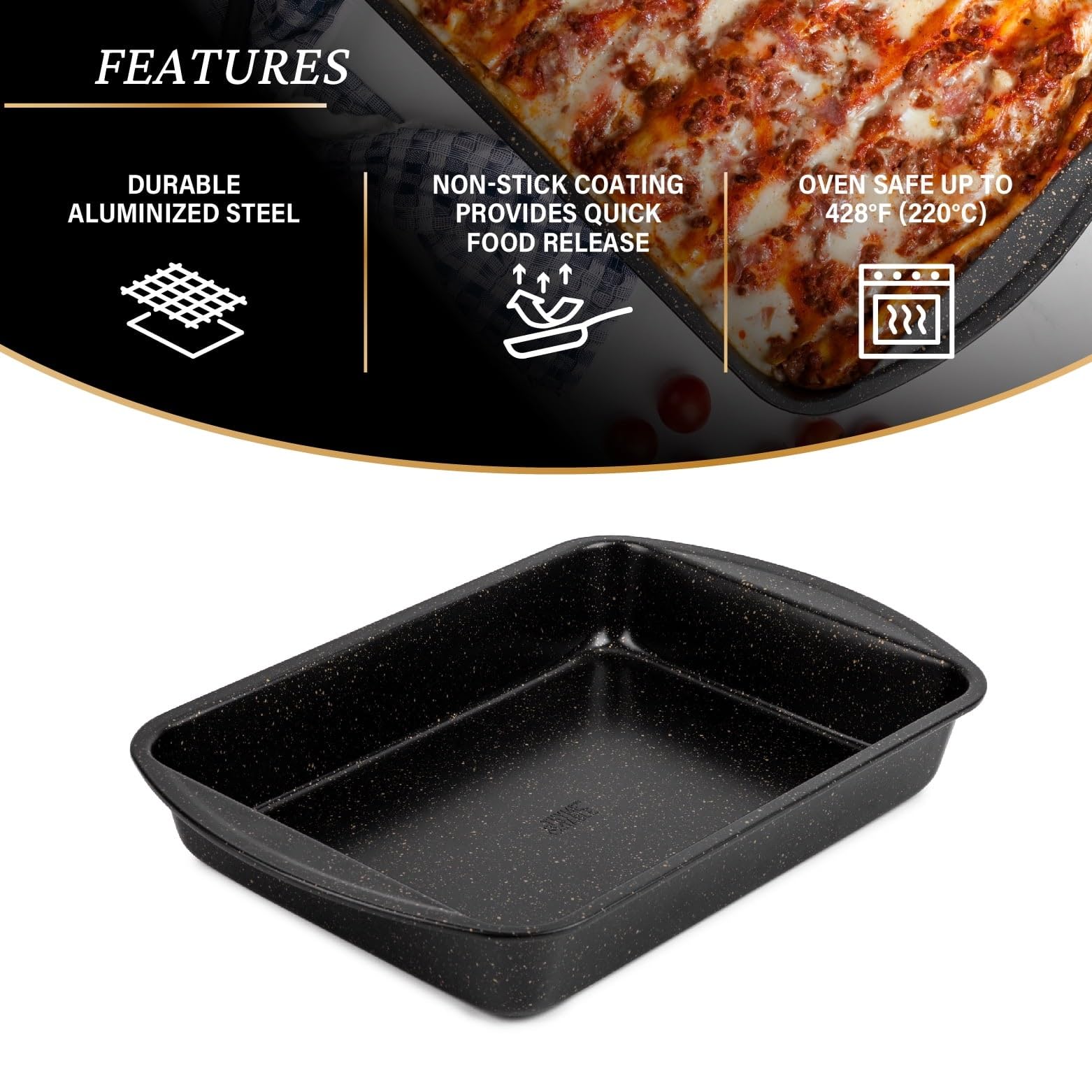 Nonstick Aluminized Steel Lasagna Pan - 18 x 12 x 2.9 Inch Oven Safe Roasting Pan (Up to 428°F) - Easy Clean Black Baking Dish for Lasagna, Casseroles & Holiday Meals