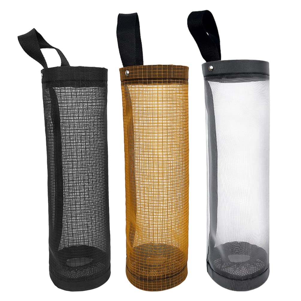 3-Pack Plastic Bag Holder for Kitchen, Shopping & Freezer - Durable Mesh Storage Organizer with Hooks for Pantry, Cabinet & Trash Bin - Space-Saving Household Bag Dispenser (Cabilock Brand)