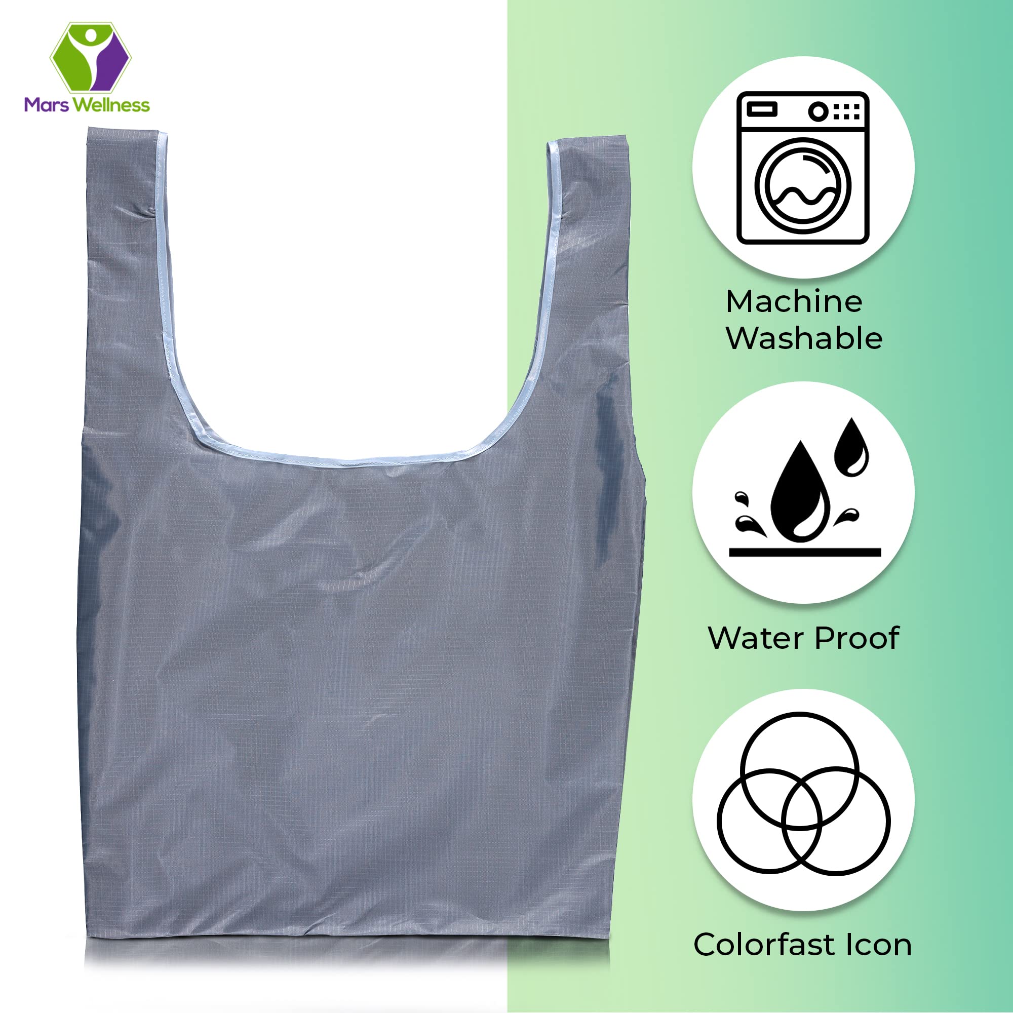 Eco-Friendly MARS WELLNESS Reusable Shopping Bags (17.7” x 27.5”) - Heavy Duty Washable Grocery Tote Bags Holds 50 lbs - Durable Polyester Reusable Bags for Groceries, Farmers Market & Beach Trips
