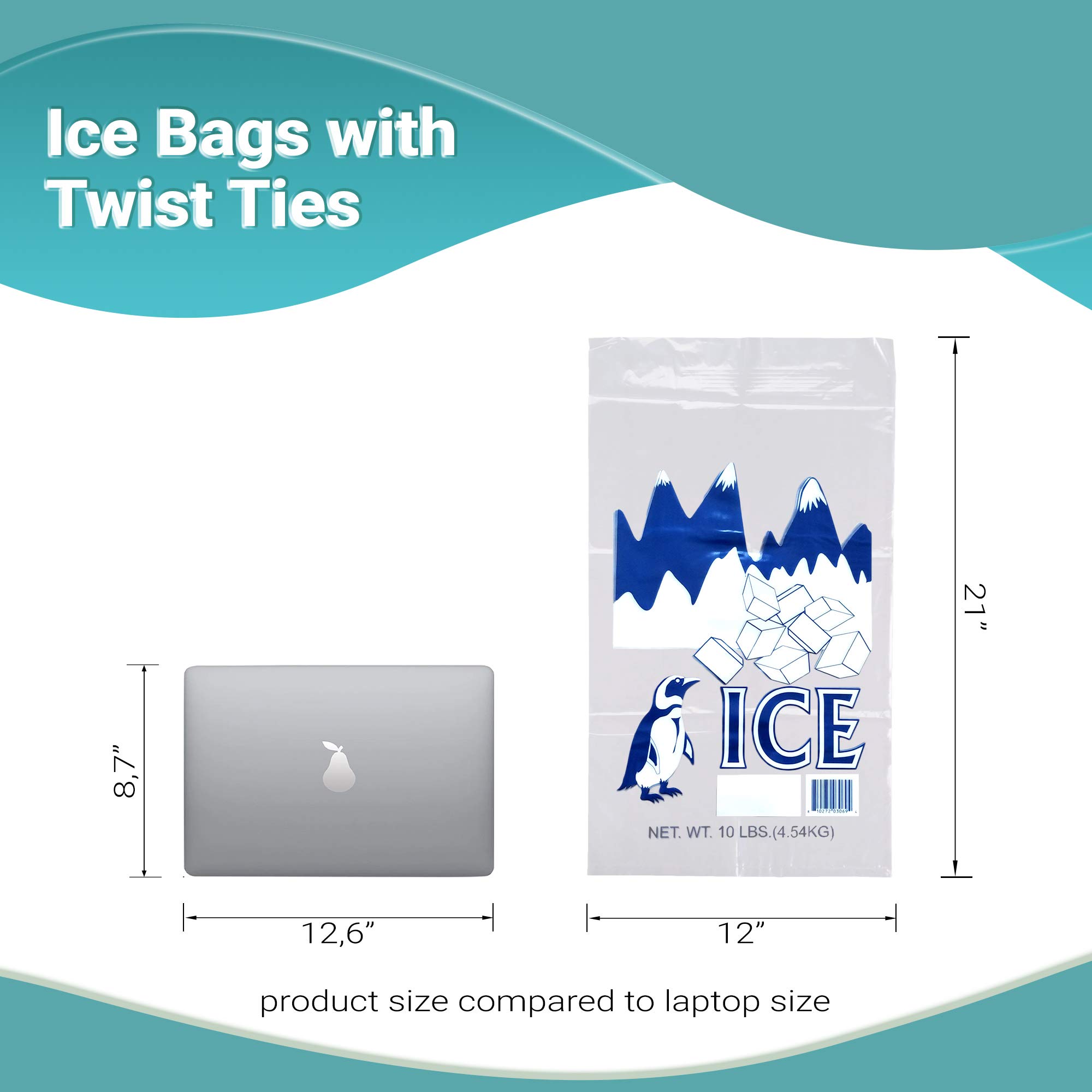 APQ 1000 Pack 12x21 Ice Bags with Twist Ties - 10 lbs Capacity, 1.7 Mil Food Grade Safe Plastic, Cool Penguin Design - Perfect for Party Drinks, Camping Coolers & Commercial Ice Storage