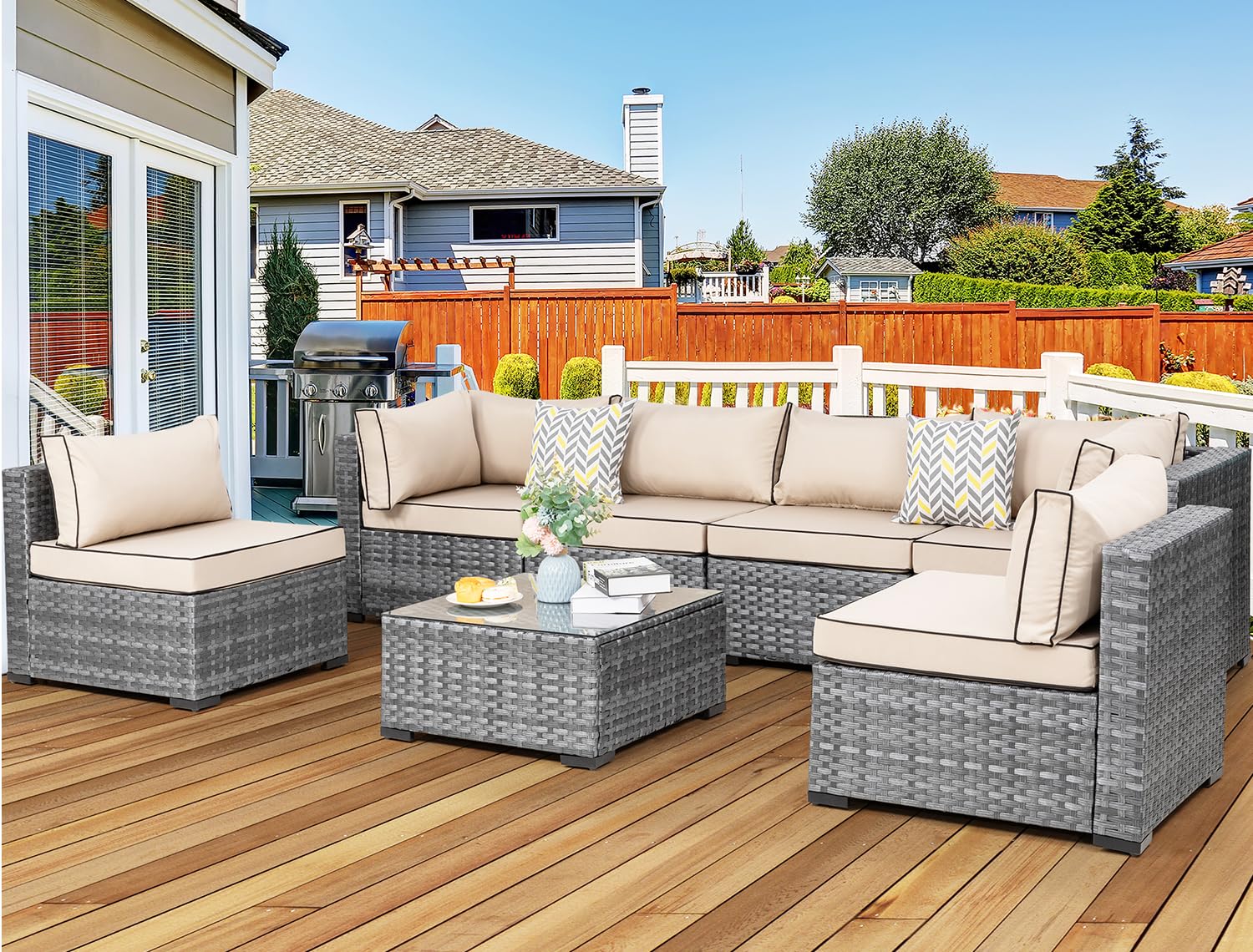 JAMFLY 7-Piece Wicker Patio Furniture Set - Outdoor Rattan Sofa Conversation Set with Washable Cushions & Glass Coffee Table (Khaki) - Perfect for Backyard, Garden, Porch, and Poolside Relaxation