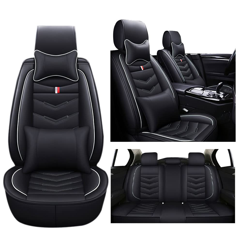 Premium Faux Leather Waterproof Seat Covers for Honda Civic CR-V Accord Ridgeline Passport Impala Insight Pilot 2002-2022 - Full Set Interior Accessories with Airbag Compatibility (Luxury Black & White) - Perfect for Road Trips, Daily Commutes & Car Protection