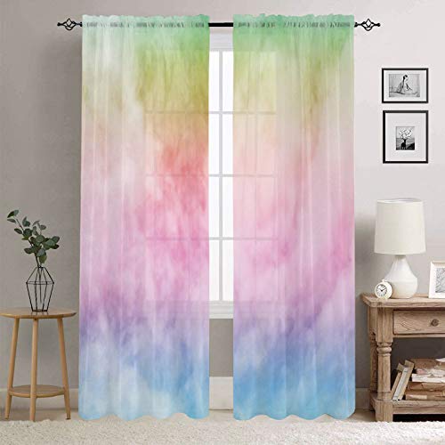 Rainbow Sky with Fluffy Clouds Printed Sheer Curtains for Bedroom & Living Room - 54
