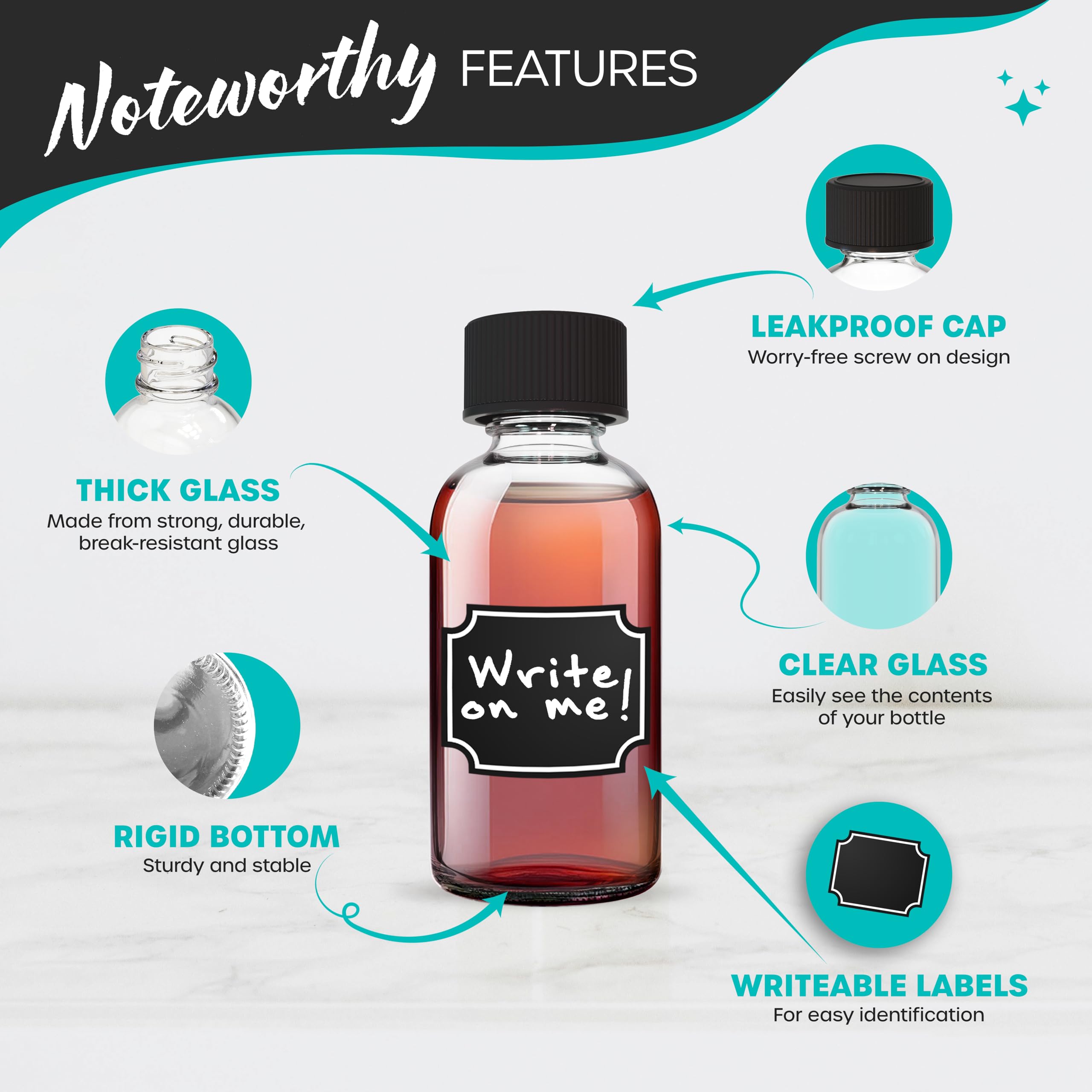 Nevlers 24-Pack 2 Oz Leakproof Glass Bottles with Lids - Travel Size Containers for Ginger Shots, Essential Oils & Liquids | Includes Shrink Wrap, Funnel, Labels, Marker & Cleaning Brush | Perfect for Home, Travel & DIY Projects