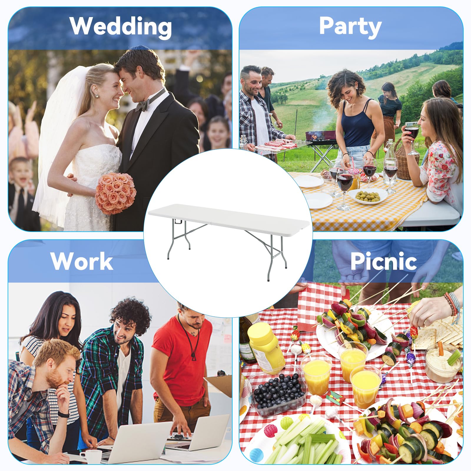 Nazhura 8 Foot Foldable Table - Heavy Duty & Portable Folding Table for Dining, Picnics, Parties | Sturdy Outdoor & Indoor Use for Events, Camping, BBQs, and Home Gatherings