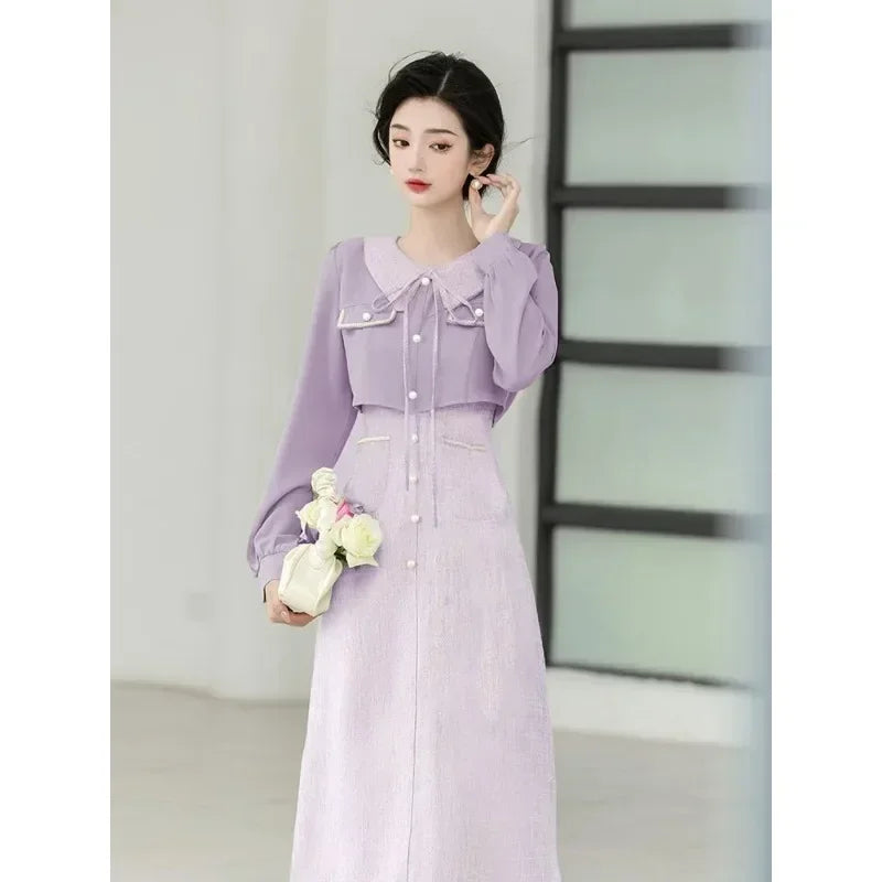 Elegant French Lavender Women's Dress - High-Qgentle Fake Two Piece Purple Long Sleeve Formal Gown for Evening Parties, Weddings & Special Occasions