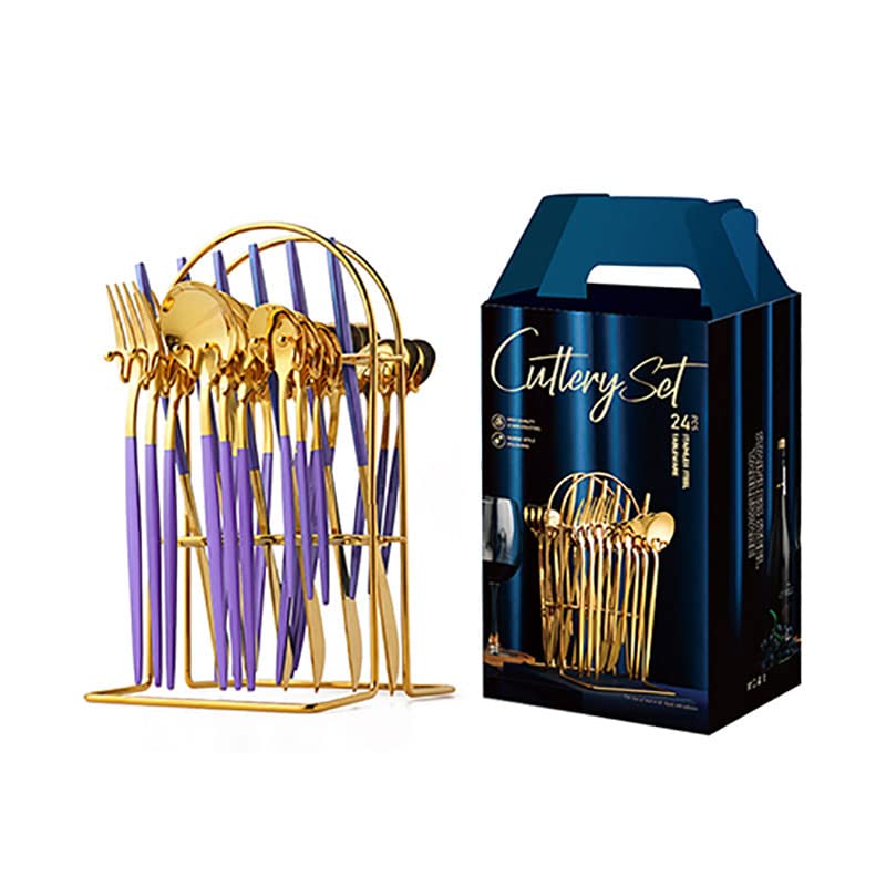 24-Piece Stainless Steel Silverware Flatware Set with Luxury Storage Rack - Steak Knives, Forks, Coffee Spoons - Elegant Purple Gold Dinnerware for Formal Dining, Restaurants & Home Entertaining