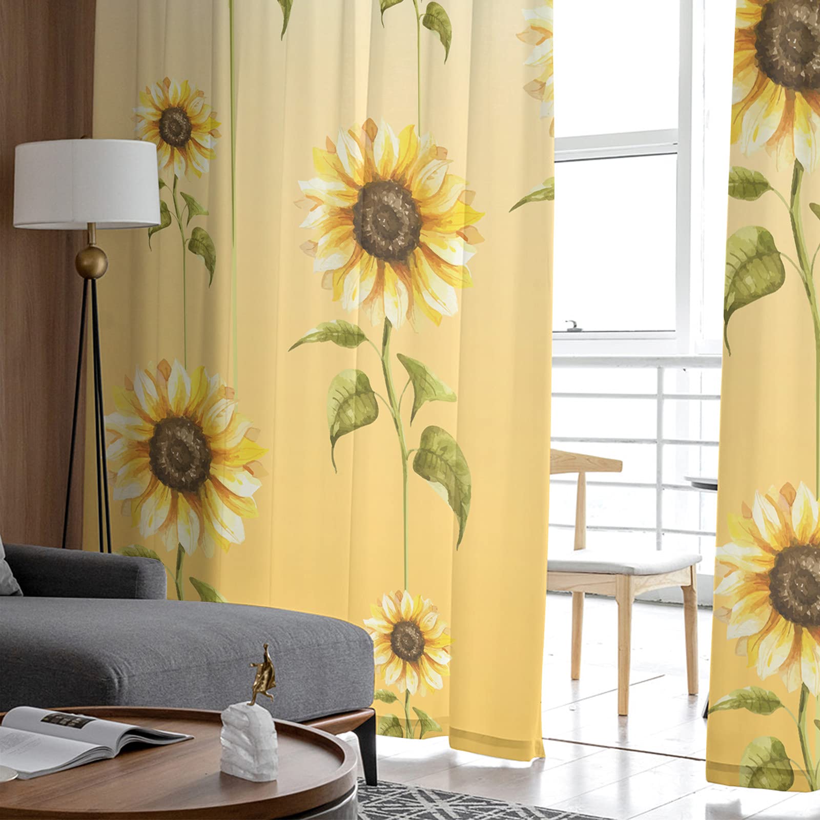 Sunflower Curtains Panels Set - Yellow Sheer Rod Pocket Kitchen Drapes for Privacy & Decor, Voile Window Curtains for Living Room, Bedroom, Summer Floral Home Decor, 52