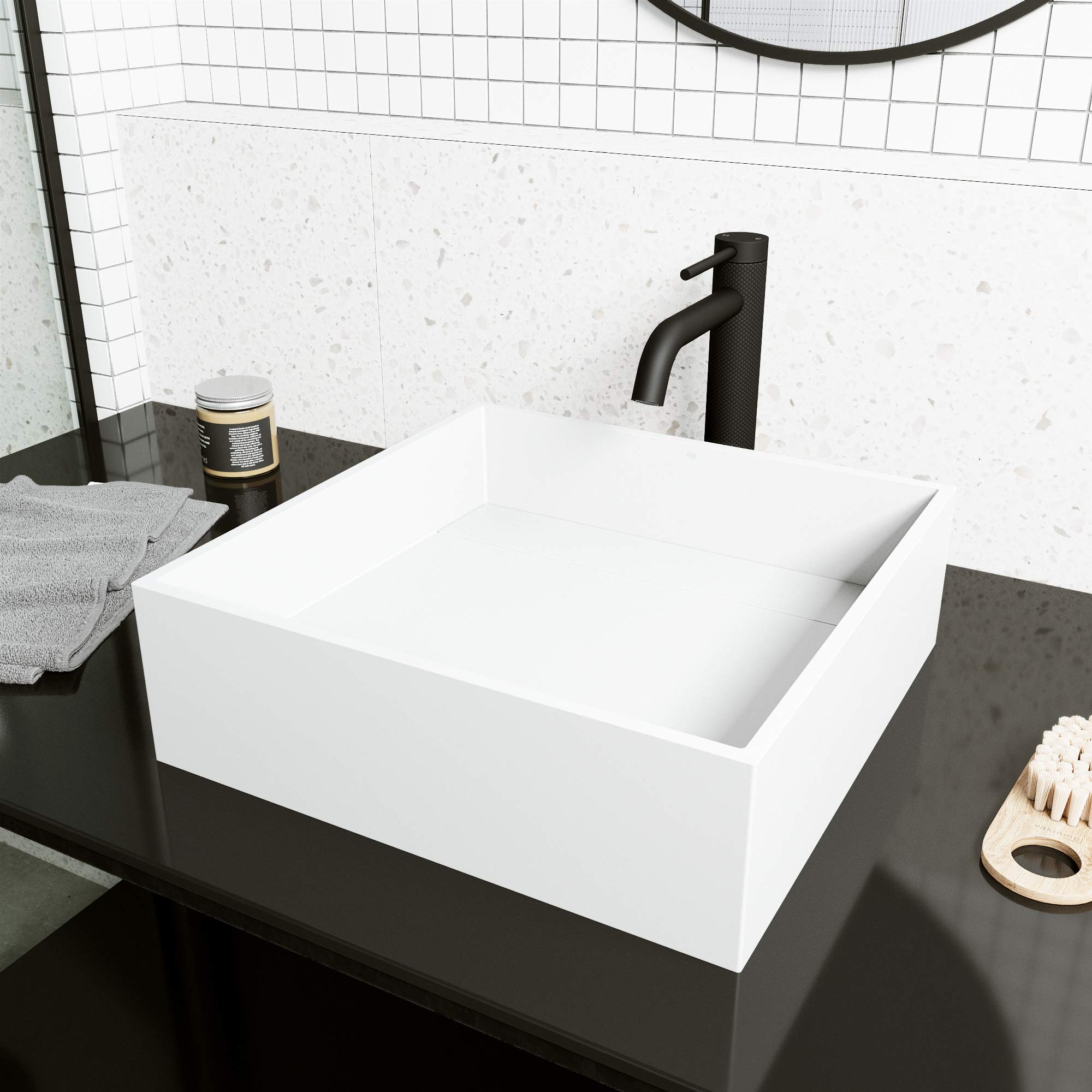 VIGO Matte White Composite Square Vessel Bathroom Sink - Modern Stone Montauk Design for Vanity, Powder Room & Bathroom Decor