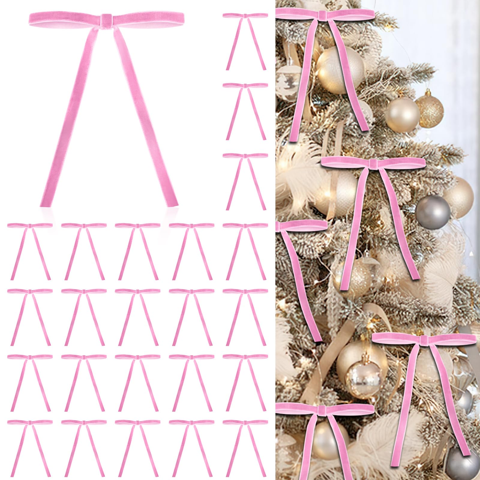 24 Pcs Pink Velvet Christmas Tree Bows - 5x7 Inch Pre-Tied Velvet Ribbon Bows for Wreaths, Gifts, Holiday Decorations & Tree Ornaments - Elegant Xmas Décor for Home, Party & Festive Celebrations