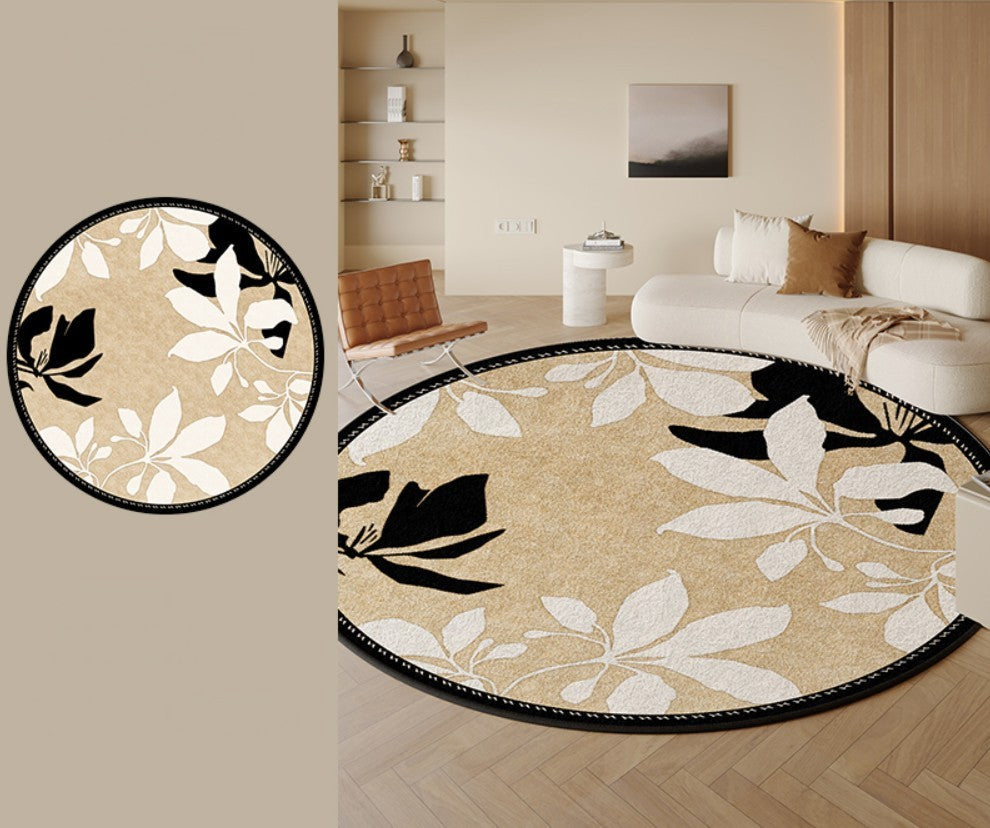 Contemporary Modern Floral Round Rug - Geometric Abstract Circle Rug for Dining Room & Bedroom - Non-Slip Area Rug Under Chairs - Perfect for Home Decor, Living Room, Office