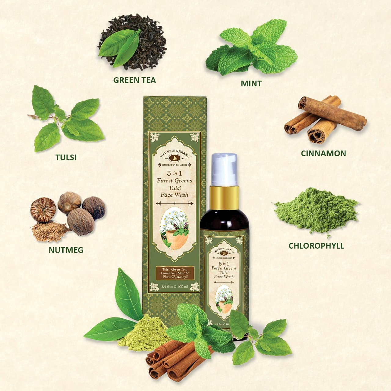 Herbs & Greens Forest Greens Tulsi Face Wash - Anti Acne & Pimple Treatment, Oil Control, Skin Repair & Brightening (200g) | For Oily & Acne-Prone Skin | Daily Cleansing & Purifying
