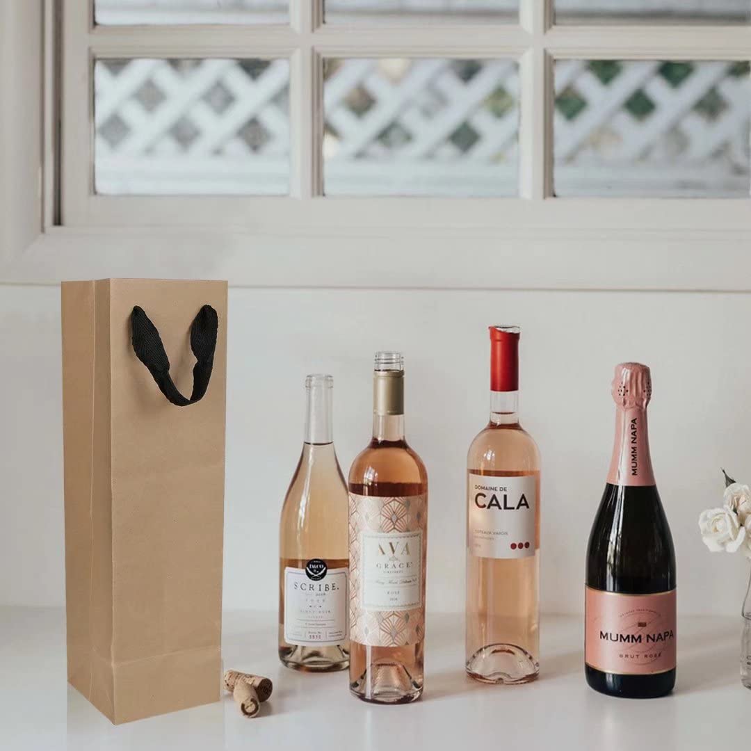 20 Pack 4x4x14 Inch Brown Kraft Paper Wine Bottle Bags with Handles - Bulk Champagne & Alcohol Gift Bags for Retail, Parties, Weddings & Holiday Gifting