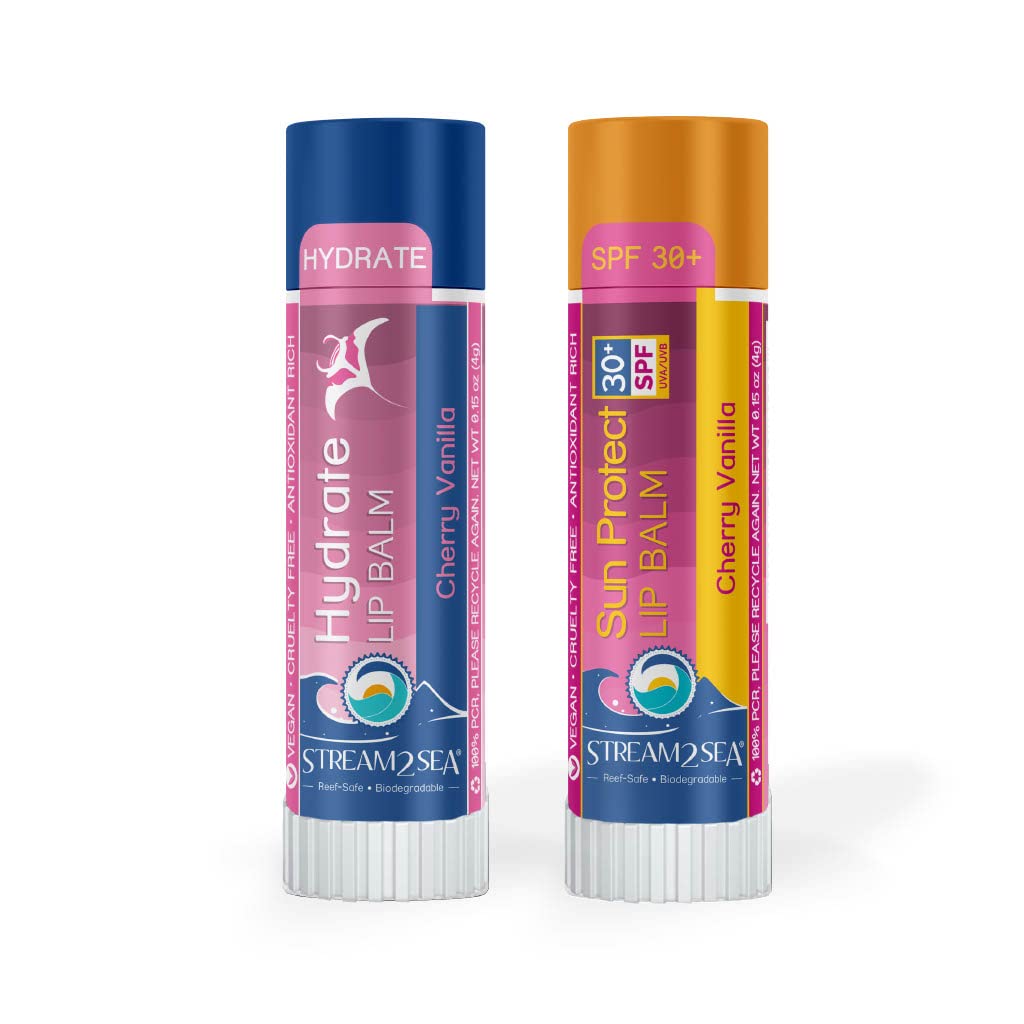 STREAM 2 SEA Cherry Vanilla Lip Balm Set - SPF 30 Reef Safe & Hydrating Organic Lip Care - Moisturizing Indoor & Sun Protection Outdoor - Paraben Free Lip Moisturizer for Beach, Sports, Hiking & Daily Use