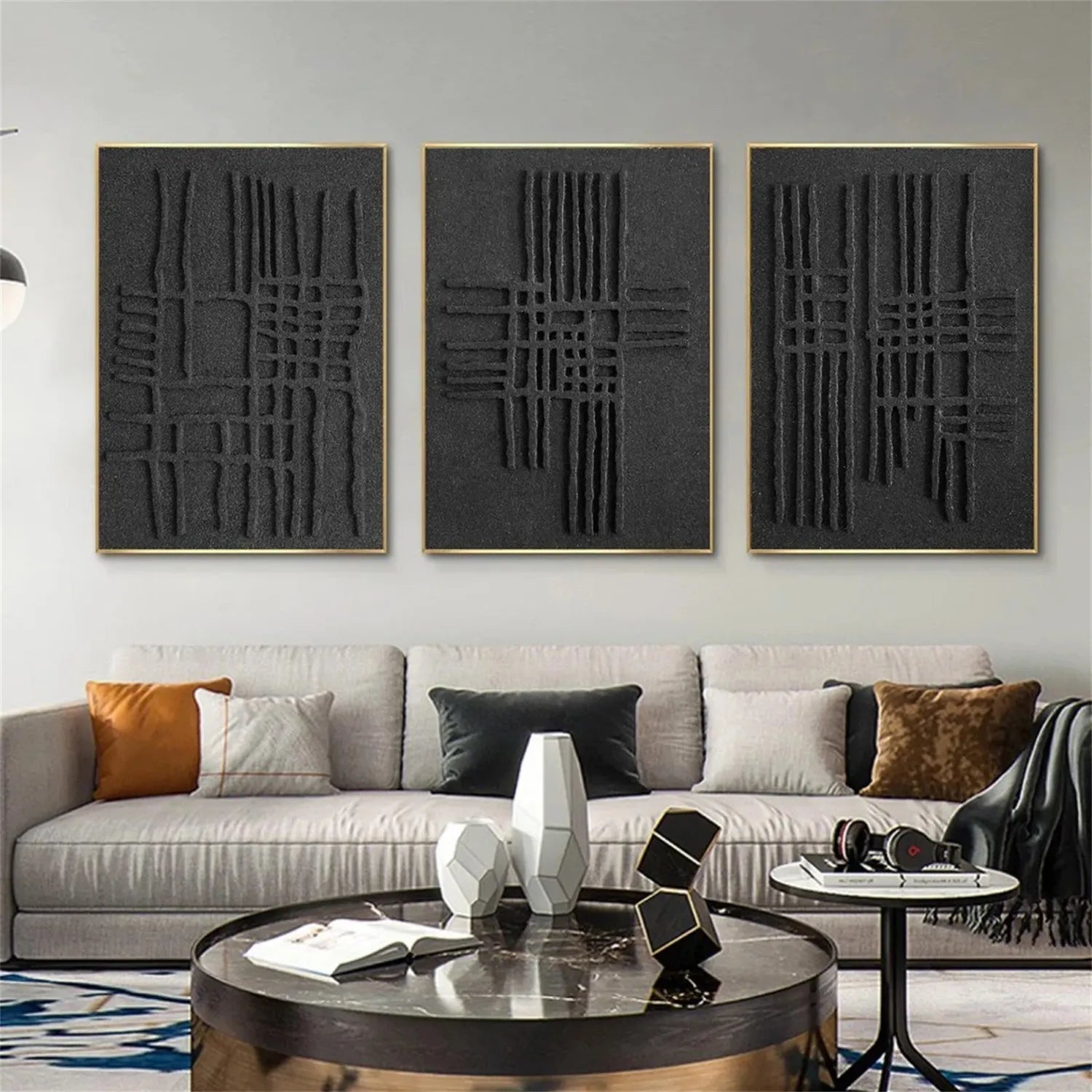 Black Minimalist Textured Painting Canvas Set of 3 - Modern Abstract Wall Art for Living Room, Bedroom & Office Decor #MZ119