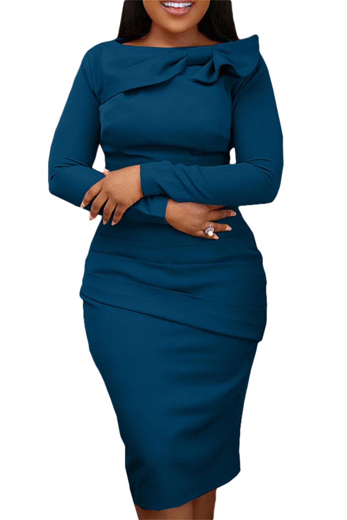 Molisry Women's Long Sleeve Bodycon Midi Dress - Ruched Ruffle Patchwork Casual Party Dress for Wedding Guest, Date Night, Cocktail Party & Special Occasions