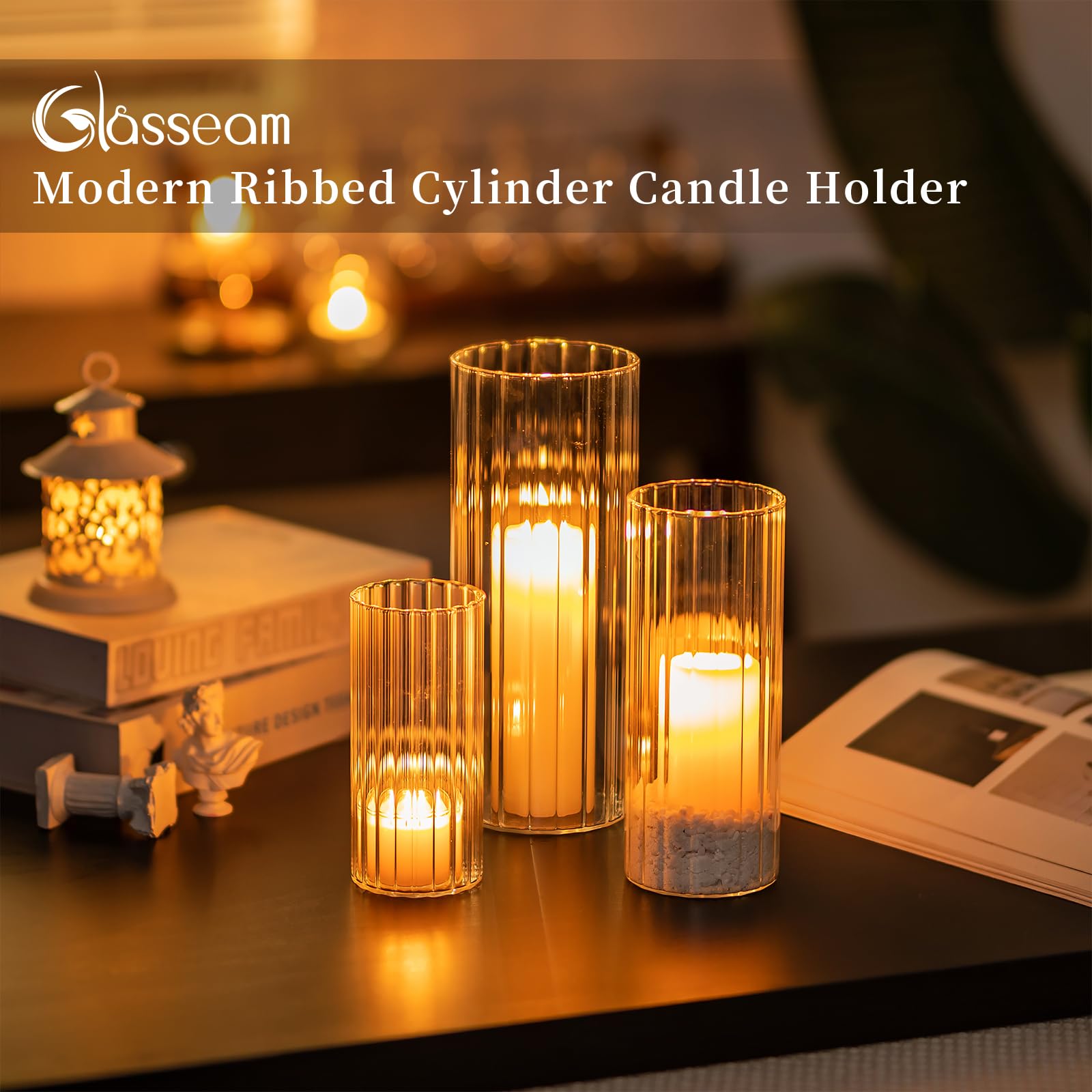 Glasseam 18-Piece Clear Ribbed Glass Cylinder Candle Holders Set - Hurricane Pillar & Floating Candle Vases for Dining Table Centerpieces, Flute Flower Vases for Wedding, Party Decor & Home Decoration