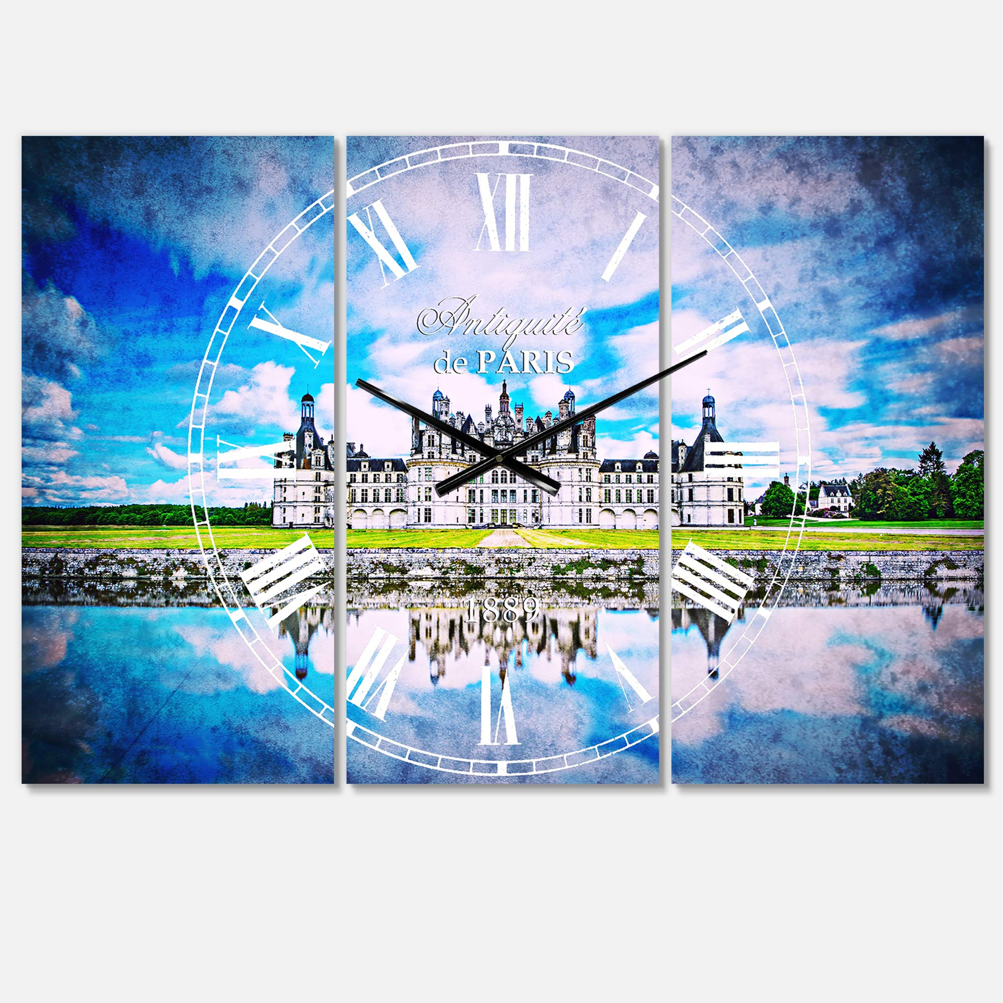 Designart Blue Chateau De Chambord Castle 3-Panel Metal Wall Clock - Traditional Wall Art Decor for Living Room, Bedroom, Office | Perfect for Home Decor & French Country Style Interiors