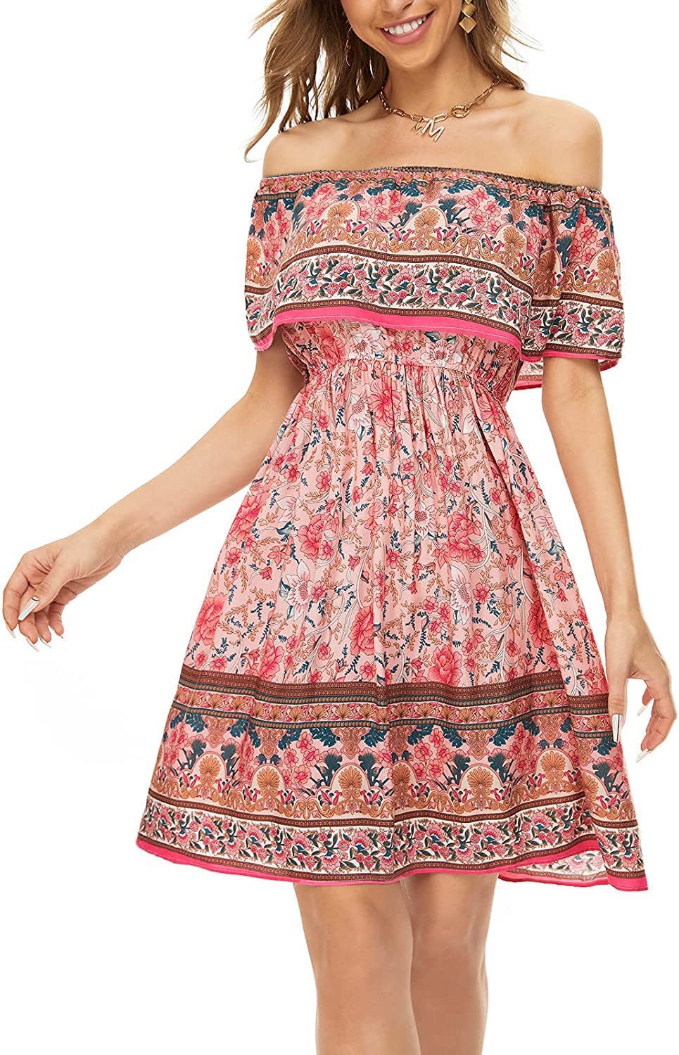 HTHCHENG Women's Floral Print Off Shoulder A-Line Midi Dress - Summer Casual Dress for Beach, Vacation & Date Night