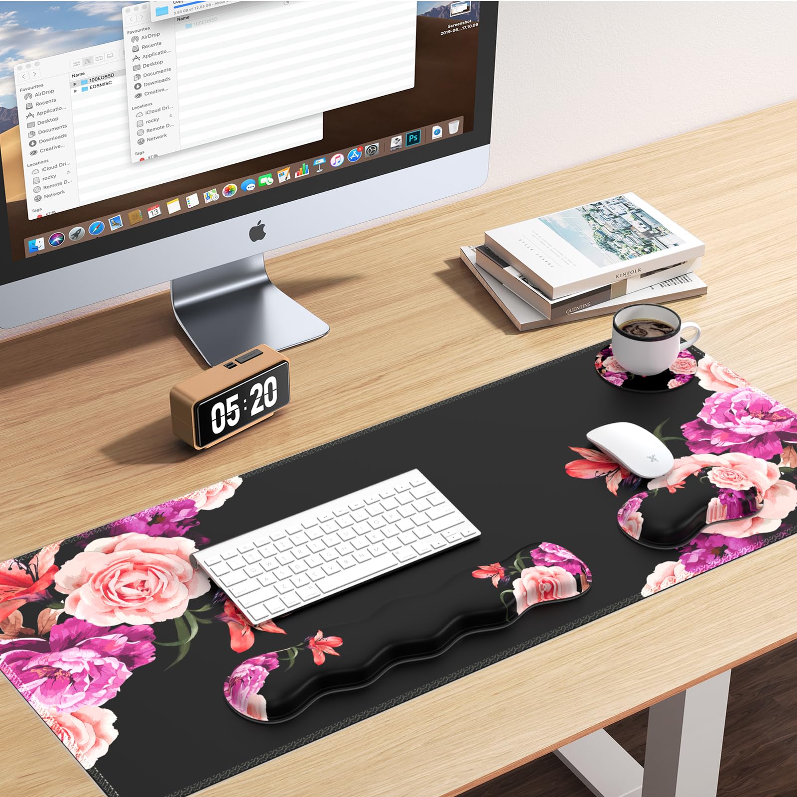 iLeadon Mouse Pad Set - Large Desk Mat with Wrist Support, Non-Slip Base & Stitched Edge | Ergonomic Keyboard & Mouse Pad Combo with Coaster | Perfect for Office Work, Gaming & Home Computer Use | Peony Flower Design