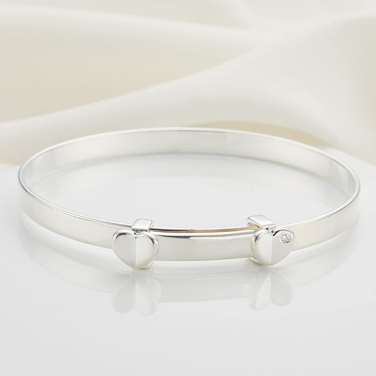 Molly B London Sterling Silver Adored Folded Love Heart & Diamond Baby Bangle Bracelet – Elegant Baptism Gift, Baby Jewelry Keepsake for Newborns, Baby Showers & Birthdays | Perfect for Special Occasions & Photo Shoots