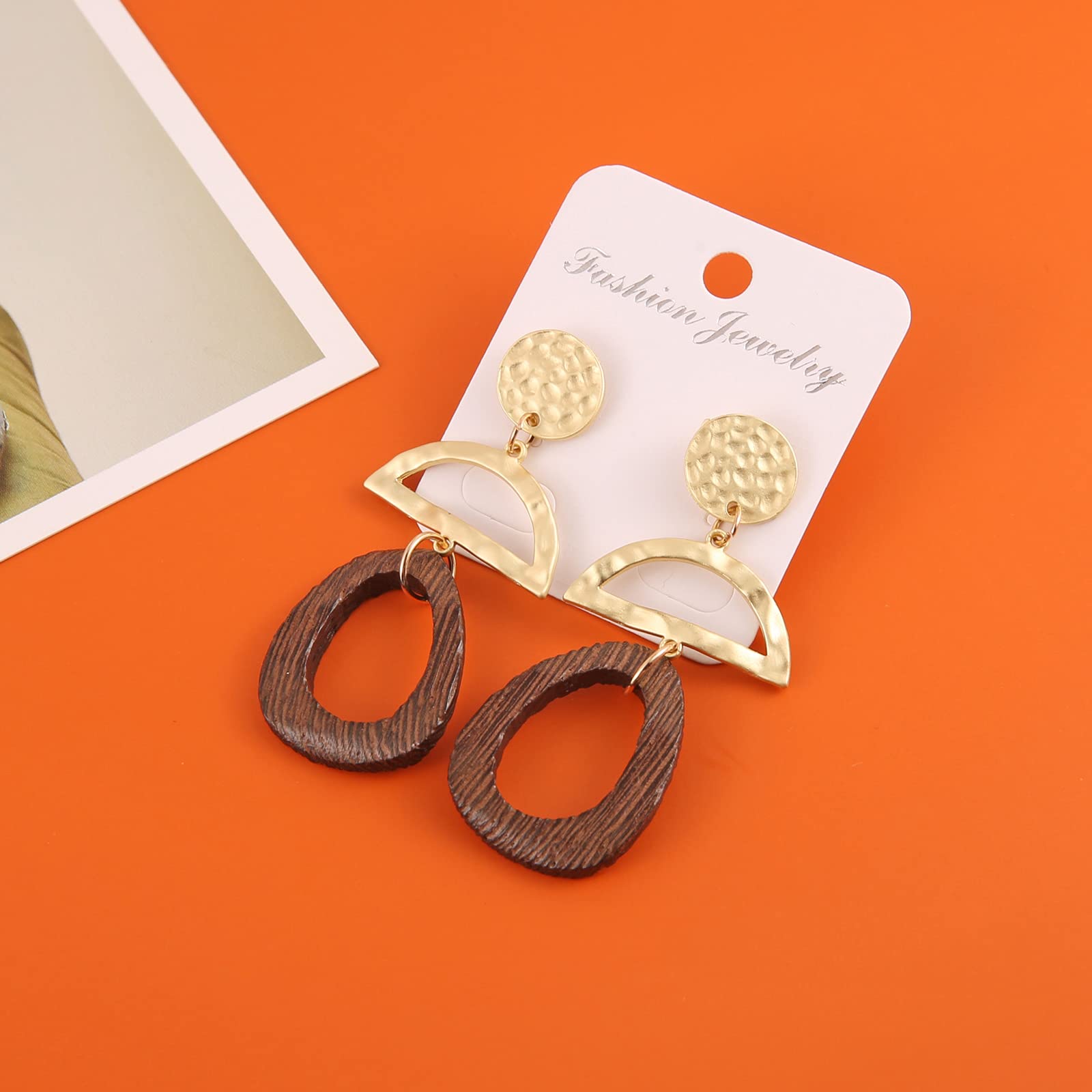 STWTR Women's Natural Wood Earrings - Minimalist Retro Hollow Design, Stainless Steel Hook, Lightweight Fashion Jewelry Set for Casual Wear, Office, and Boho Outfits