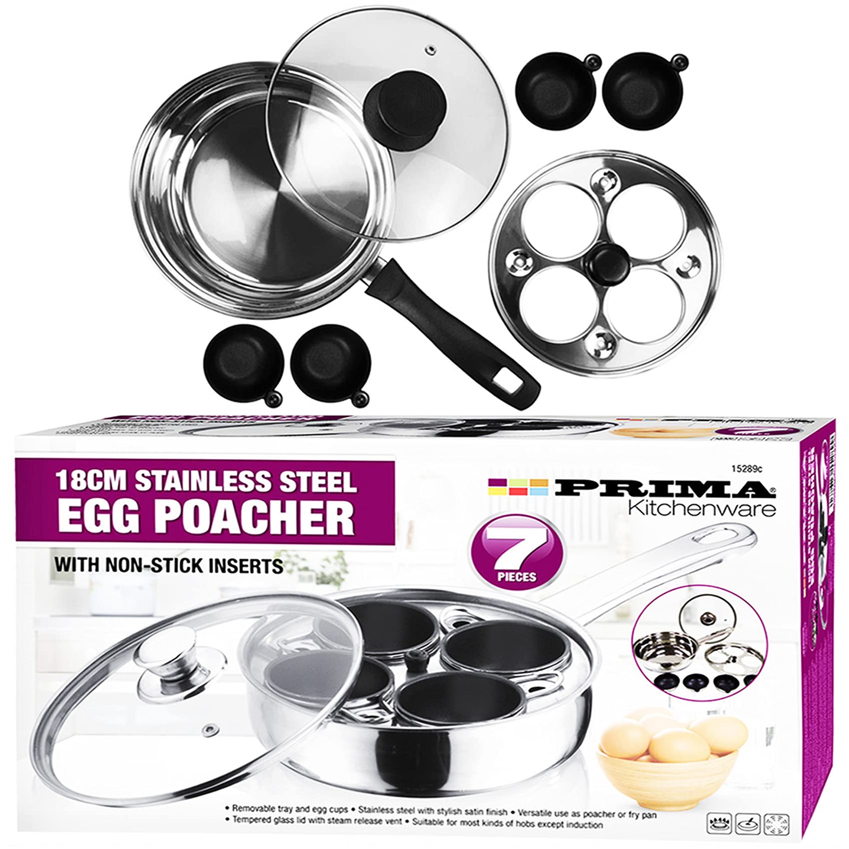 7-Piece PRIMA 18cm Stainless Steel Egg Poacher Set with Glass Lid - Non-Stick Inserts, 4-Hole Boiler, Saucepan & Frying Pan for Perfect Poached Eggs - Ideal for Breakfast, Brunch & Healthy Cooking at Home