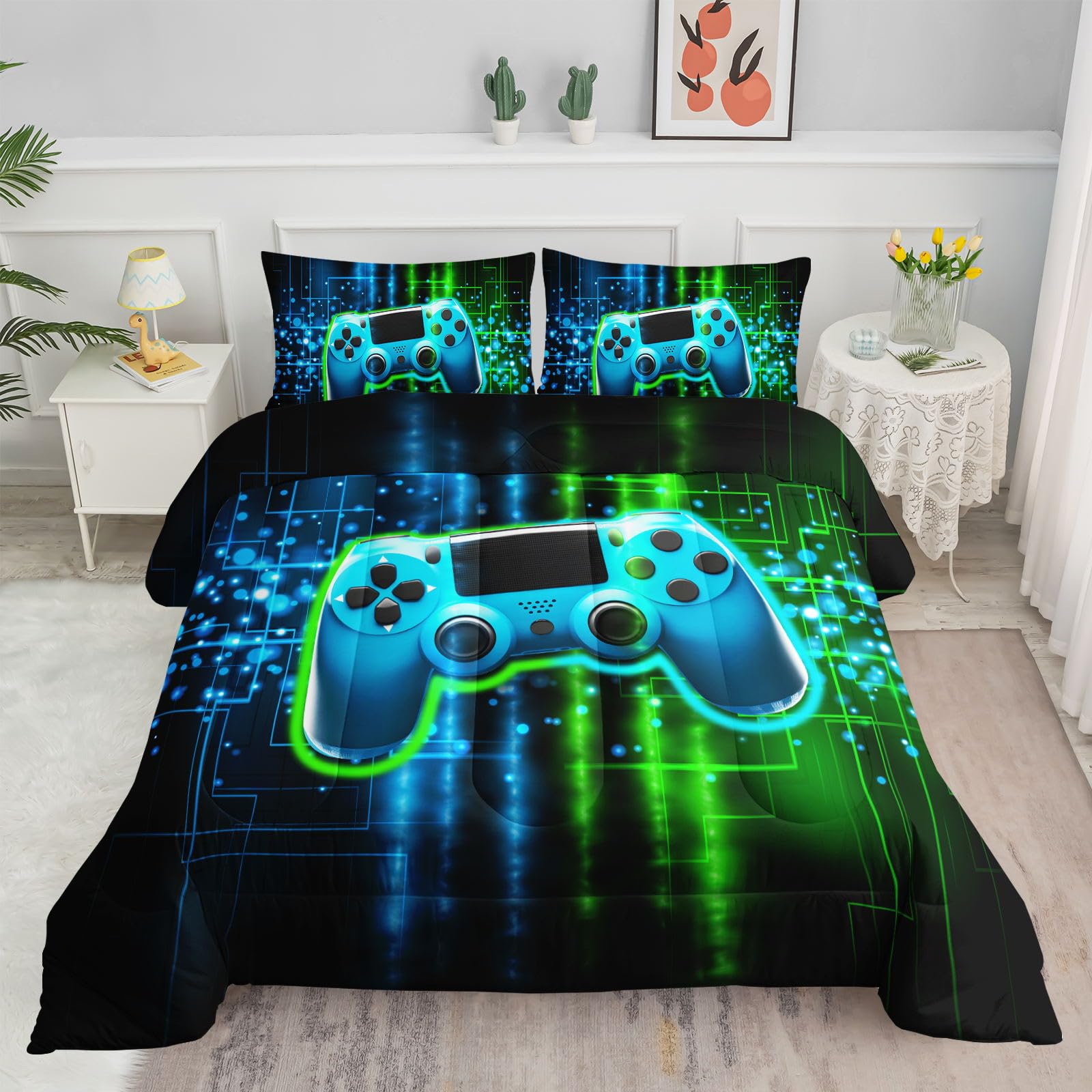 Modern Gamer Comforter Set - Green & Black Gamepad Printed Bedding for Kids, Teens & Adults | Includes 1 Twin Comforter & 2 Pillowcases | Perfect for Gaming Rooms, Sleepovers & Esports Themed Decor