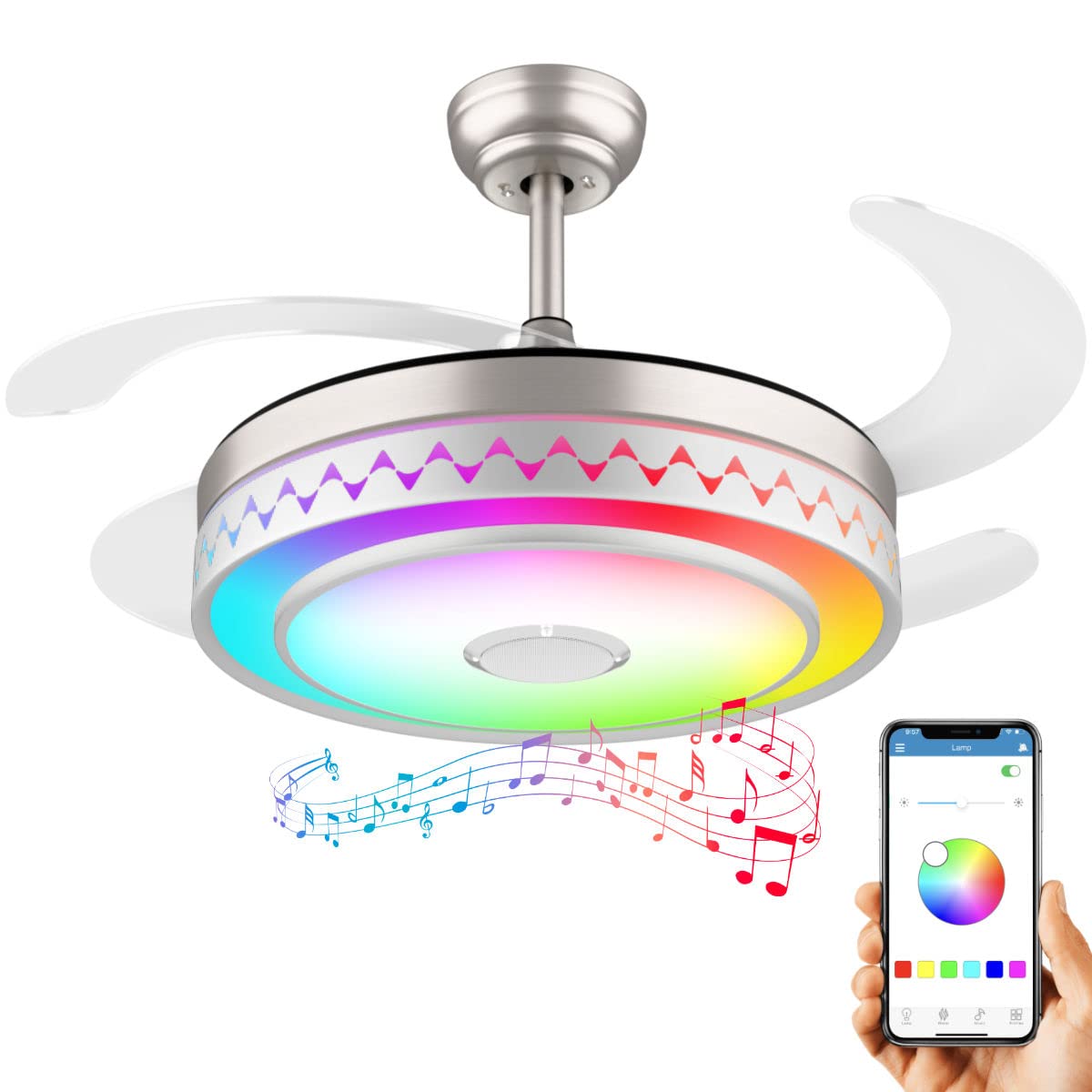 Modern Retractable Bluetooth Ceiling Fan with Light & Speaker - 42 Inch Smart Fan with RGB Lighting, Quiet Motor & Remote Control - Perfect for Bedroom, Living Room, Home Theater & Outdoor Patio