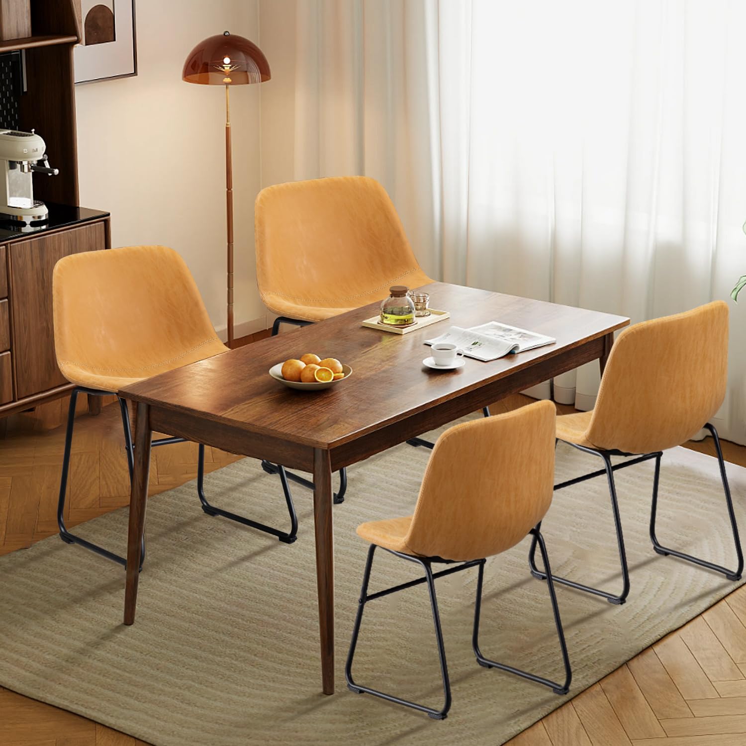 Vanity Art PU Leather Dining Chairs Set of 2 - Modern Armless Kitchen & Dining Room Chairs with Metal Legs in Yellow Tan (UC-13T) - Perfect for Small Spaces, Breakfast Nooks & Contemporary Dining Areas