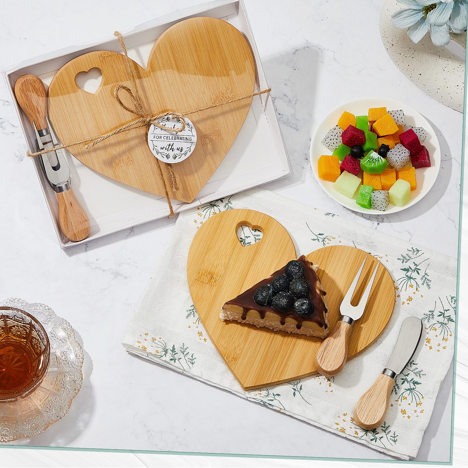 36-Piece Heart-Shaped Cheese Board Set with Wooden Knives - Mini Charcuterie Platter for Bridal Shower Favors, Wedding Guest Gifts, Baby Showers, Birthdays & Valentine's Day (Bamboo Color) - Perfect for Cheese Tastings, Charcuterie Parties & Romantic Picnics