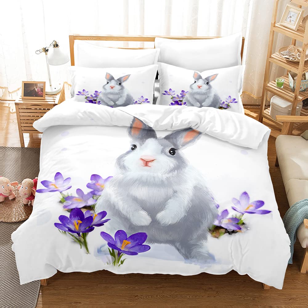 Starbluegarden Purple Flower Rabbit Duvet Cover Set - Easter Bunny Comforter Cover with Pillowcases - Full Size Bedding for Girls Room Decor & Spring Holiday Decoration (Comforter Not Included) - Perfect for Easter Gifts, Nursery Decor, and Seasonal Home Styling