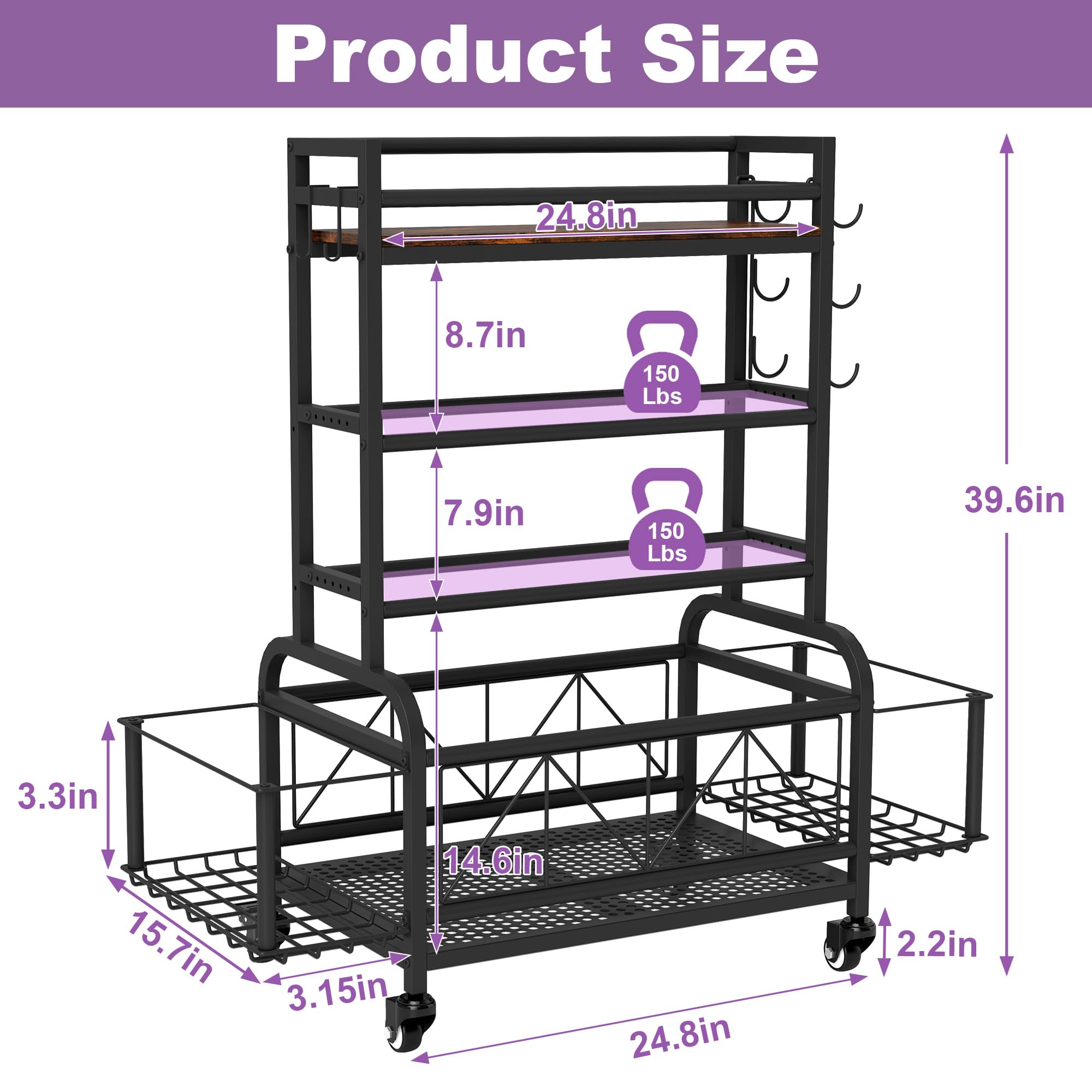 Dumbbell Rack with Wheels & Hooks - Heavy Duty Gym Equipment Storage Organizer for Dumbbells, Kettlebells, Yoga Mats & Foam Rollers - Perfect for Home Gym, Garage & Fitness Studio Organization